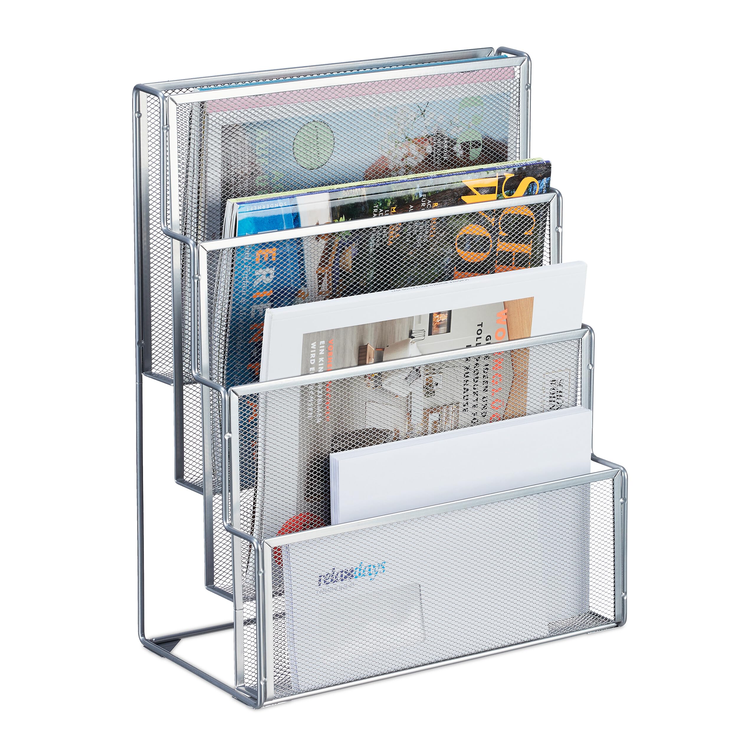 Organizador revistas Relaxdays revistero rejilla metálica plateado 43x33x18cm