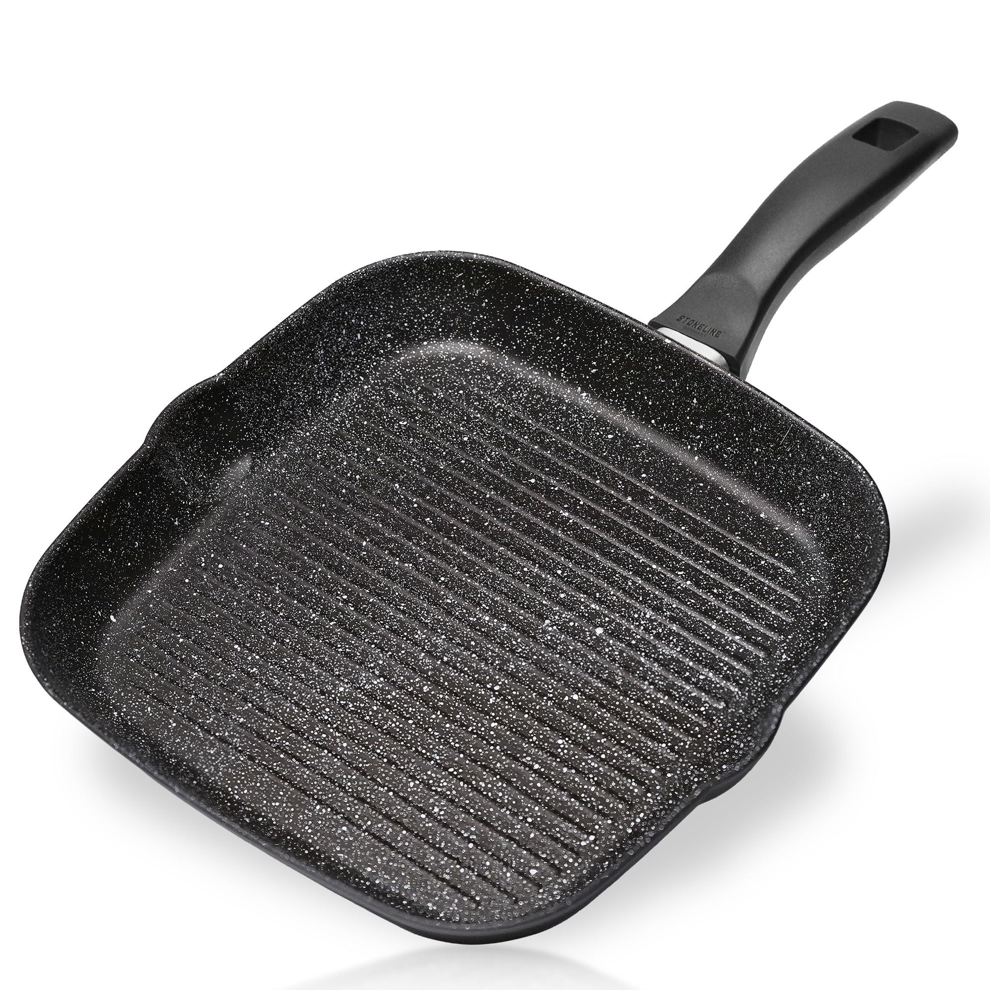 STONELINE Grillpfanne 32 x 32 cm, Aluguss, Antihaftbeschichtung mit echten Steinpartikeln, Große Pfanne Induktion backofengeeignet, Steakpfanne Eckig, Schwarz