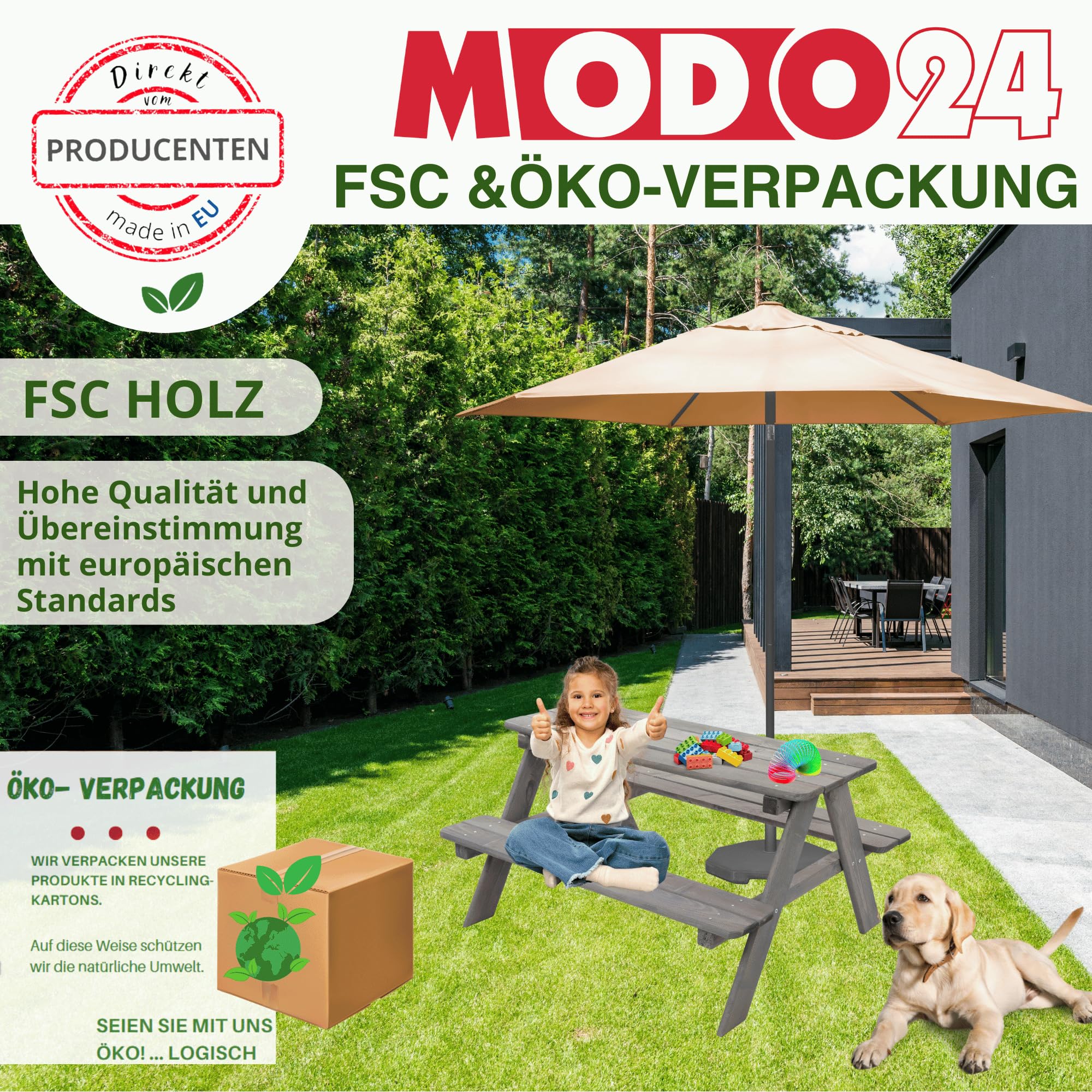 Kindersitzgarnitur für 4, Picknicktisch für Kinder aus Kiefernholz, Outdoor Sitzgruppe mit 2 Bänken, Gartensitzgarnitur & Spielmöbel, Abmessungen 90x91x50 cm, Farbe: Grau (imprägniert)