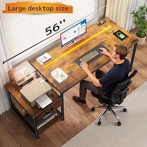 Miniatura 8 de Escritorio para computadora de 56 pulgadas, escritorio de oficina reversible con luces LED y tomas de corriente, escritorio de escritura con