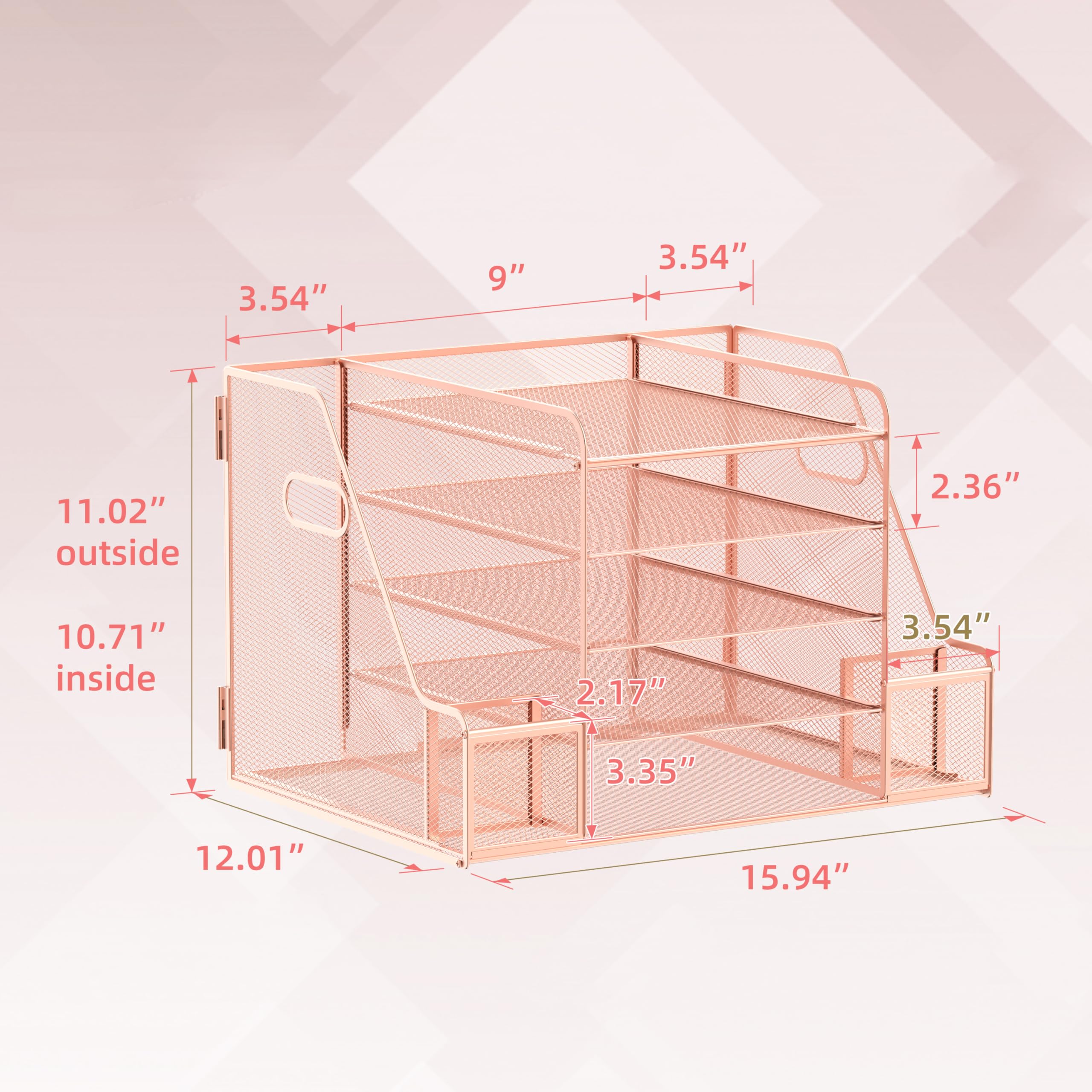 SUPEASY Gitter - Schreibtischorganizer mit Dateienhalter, 5 - Schichten - Papier - und Briefkastenträger mit Magazinehalter, Schreibtischorganizer und Lagerungseinheit, Rose Gold