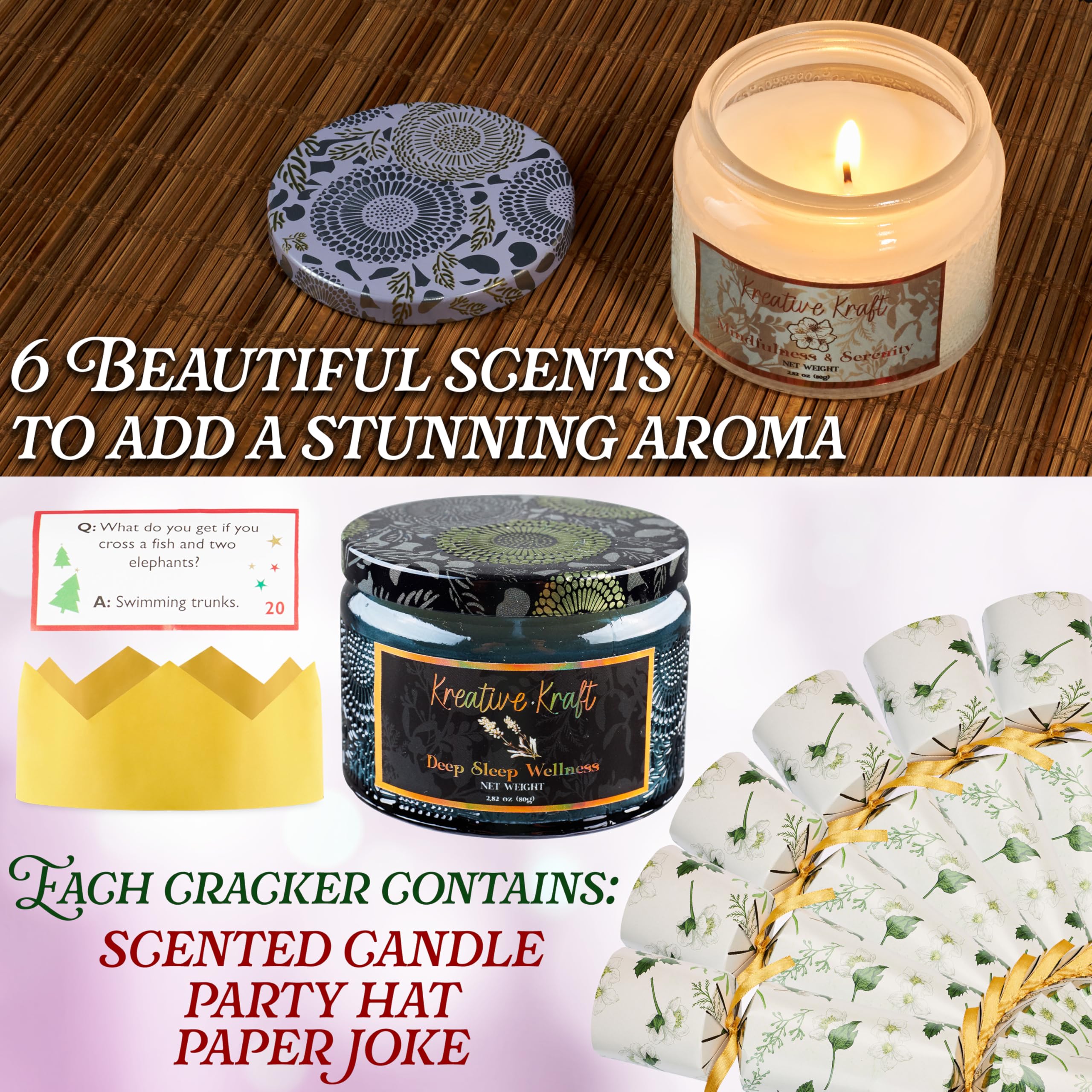 KreativeKraft Crackers de Navidad sin Explosión, Set de 6 con Velas Aromáticas en Tarro, Detalles Navideños Originales para Mesa, Decoración (Multi Velas)