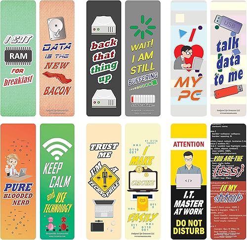 Creanoso Funny Techie - Marcapáginas (12 unidades)  Marcadores de regalo premium para geeks, nerds, amantes de la tecnología  rellenos de calcetines