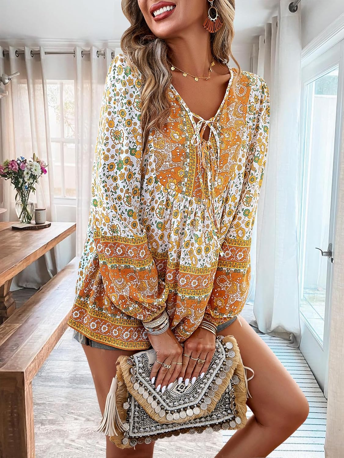 Women's Casual Floral Print V Neck Top Loose Boho Long Sleeve Beach Shirts Blouses - Image 4