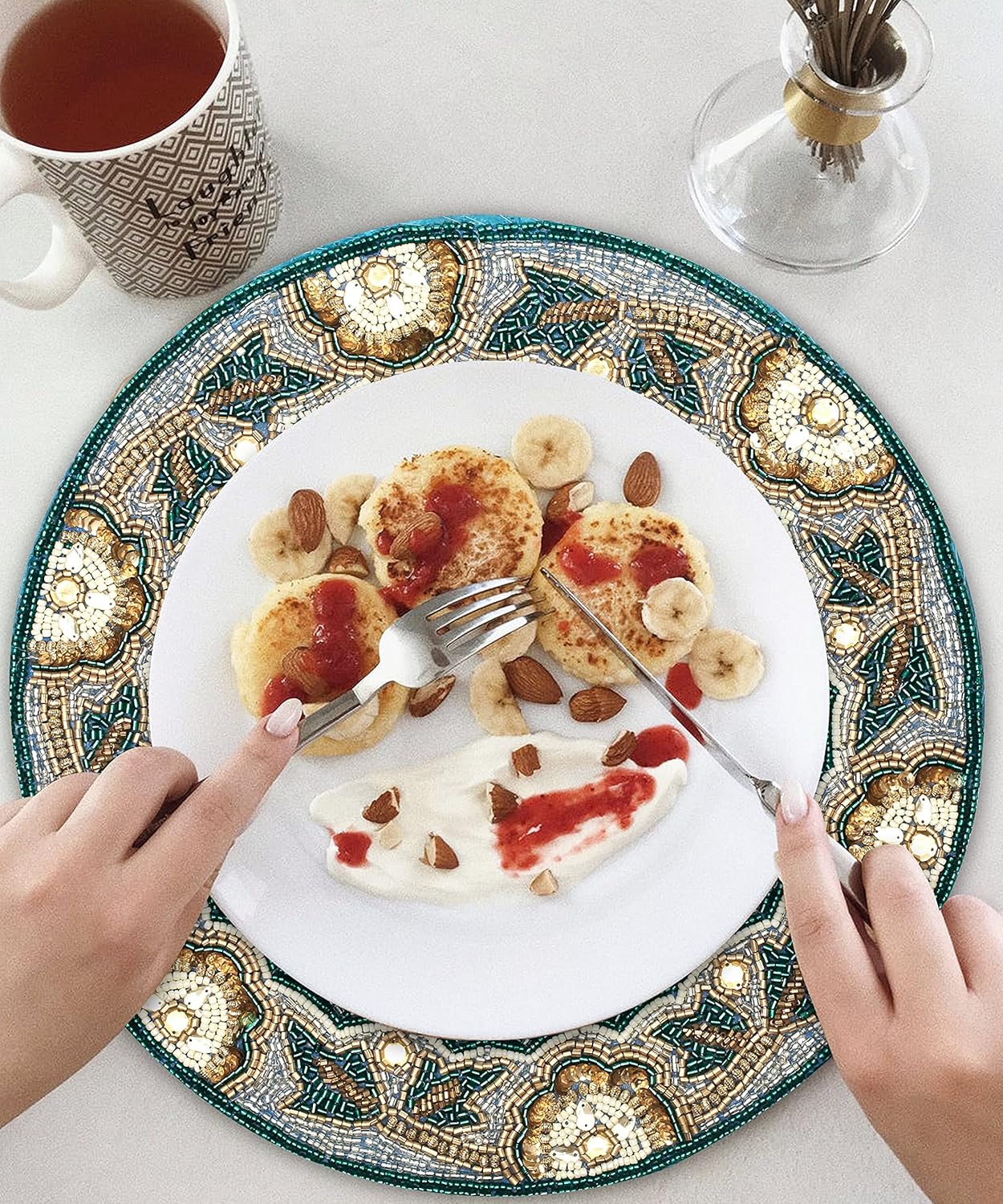 Beaded Round Placemats 13” – Teal Silver White Gold Beaded Charger Placemats for Dining Table, Decorative Glitz Placemats for Holiday, Christmas, Wedding & Party Table Setting