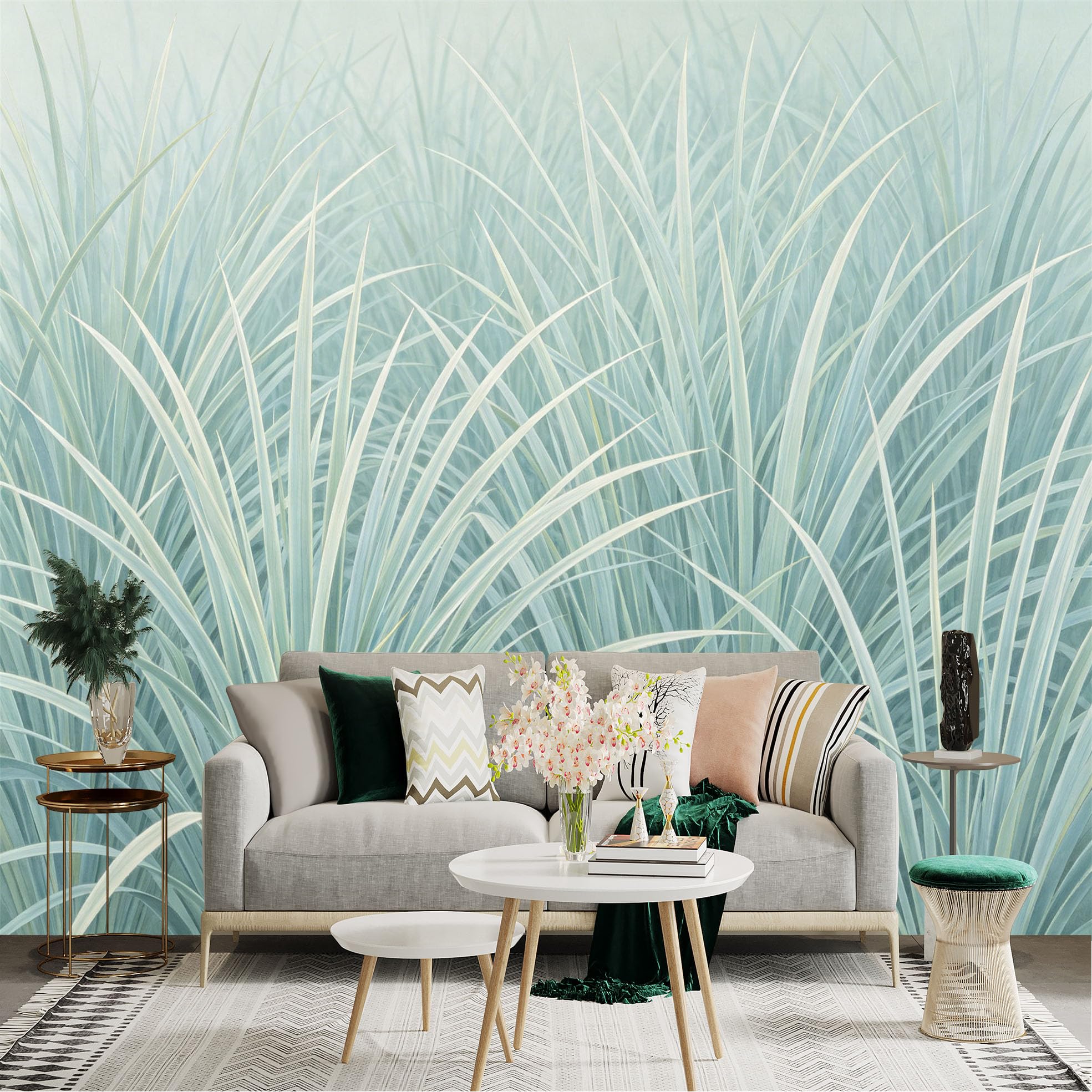 Lnzczhyre Dbh260521276 Custom Size Wall Sticker Mural， Soft Hazy Leaves， Calm Teal Botanical Field， Serene Plant Foliage， For Wall Decoration， Peelandstick Wall Decals.
