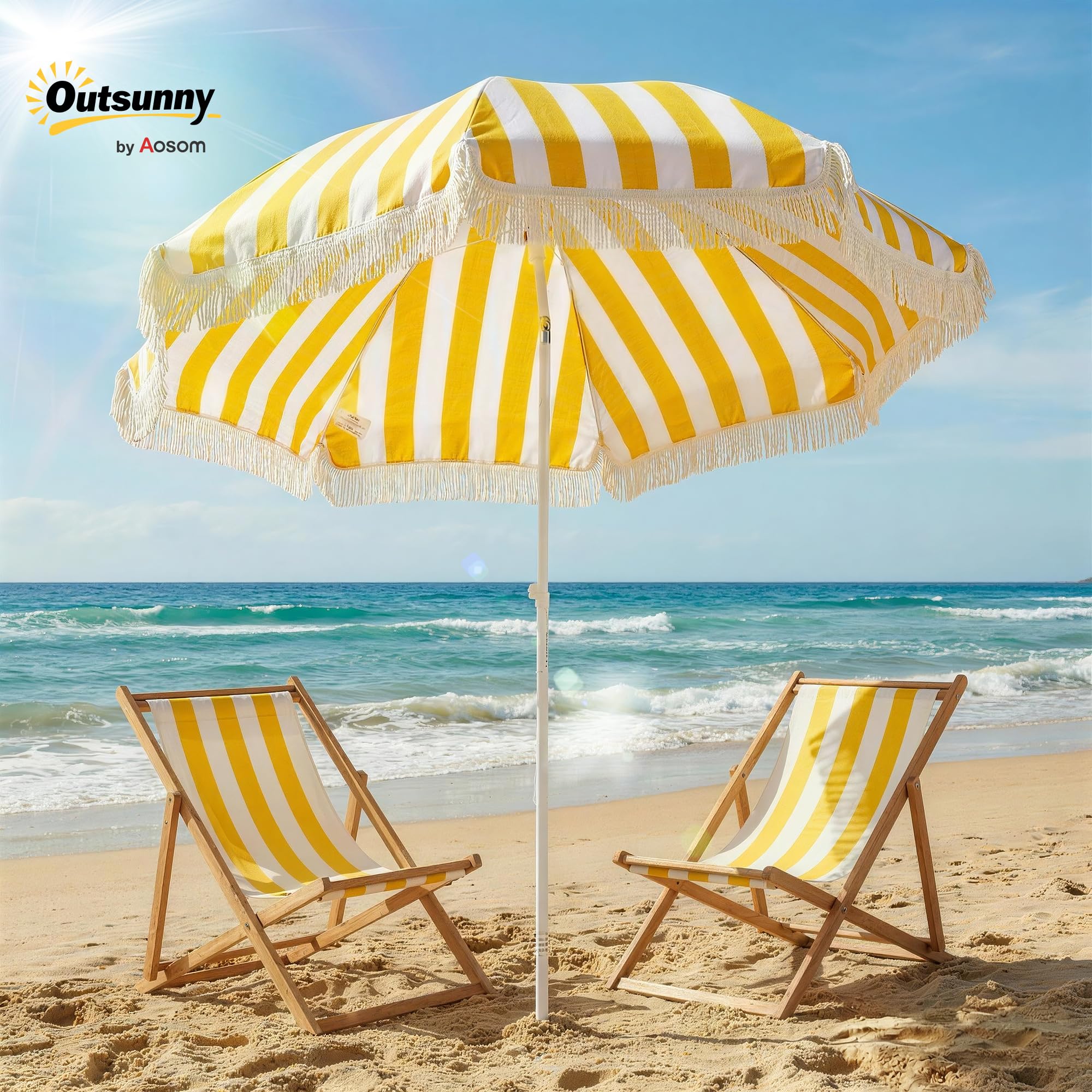 Outsunny Sonnenschirm Strand Ø180 cm windfest Strandschirm mit Sandanker verstellbarer Neigung Tragetasche Balkon-Schirm Gartenschirm sicherer Sonnenschutz für Reisen Strand Balkon Camping Gelb+Weiß