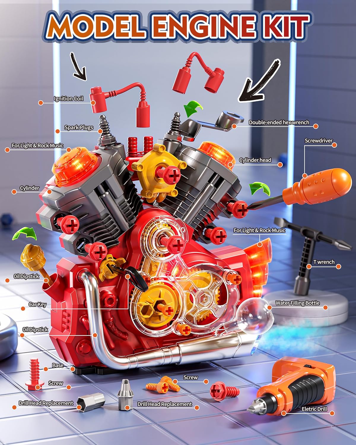 Engine Building Kit, Kids Mechanic Toys for Motorcycle Engine Toy, STEM Engine Model Kit Toy with Cool Light and Music, Educational Science Building for Boys Age 3+Year Old Mechanic Tools (Red)