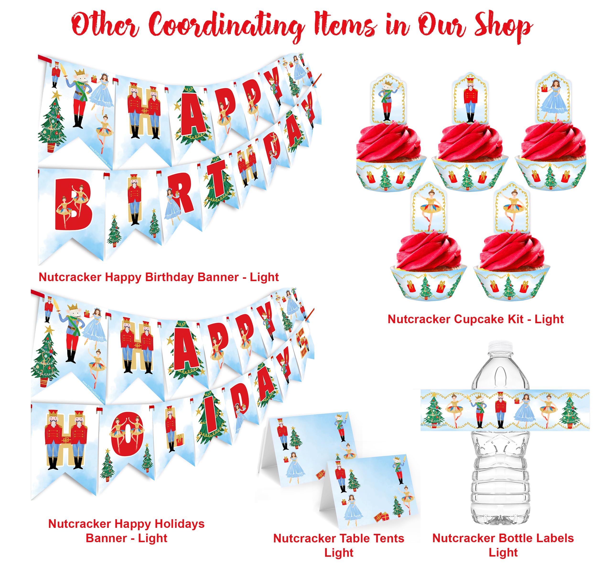 POP parties Ink Nutcracker Party Bottle Labels - 20 Water Decorations Supplies Ballet Light Green, Red, Blue, Gold