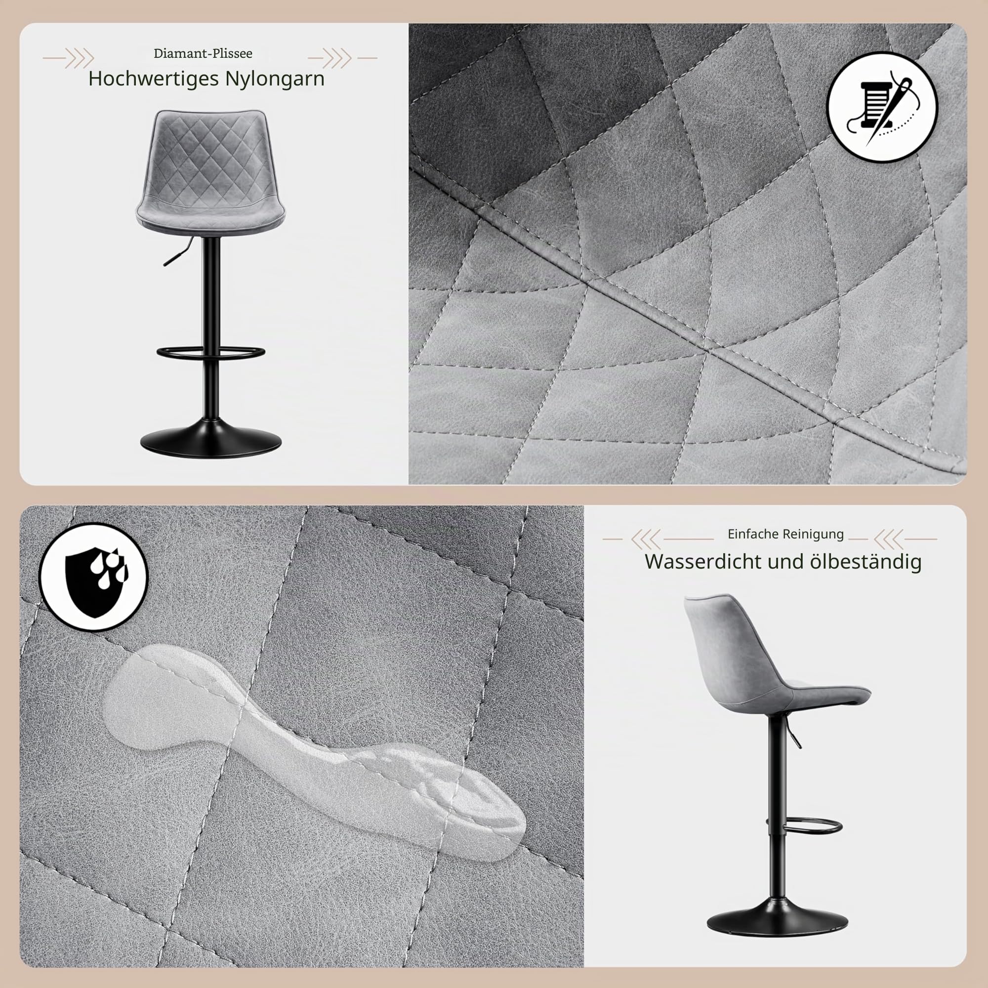 STOOLINK Barhocker 2er Set Höhenverstellbar mit Mikrofaser-Leder, Barstuhl mit Lehne, Tresenhocker Drehbar, Bistrohocker Designer, Barstühle für Küche, Theke, Bar-Grau