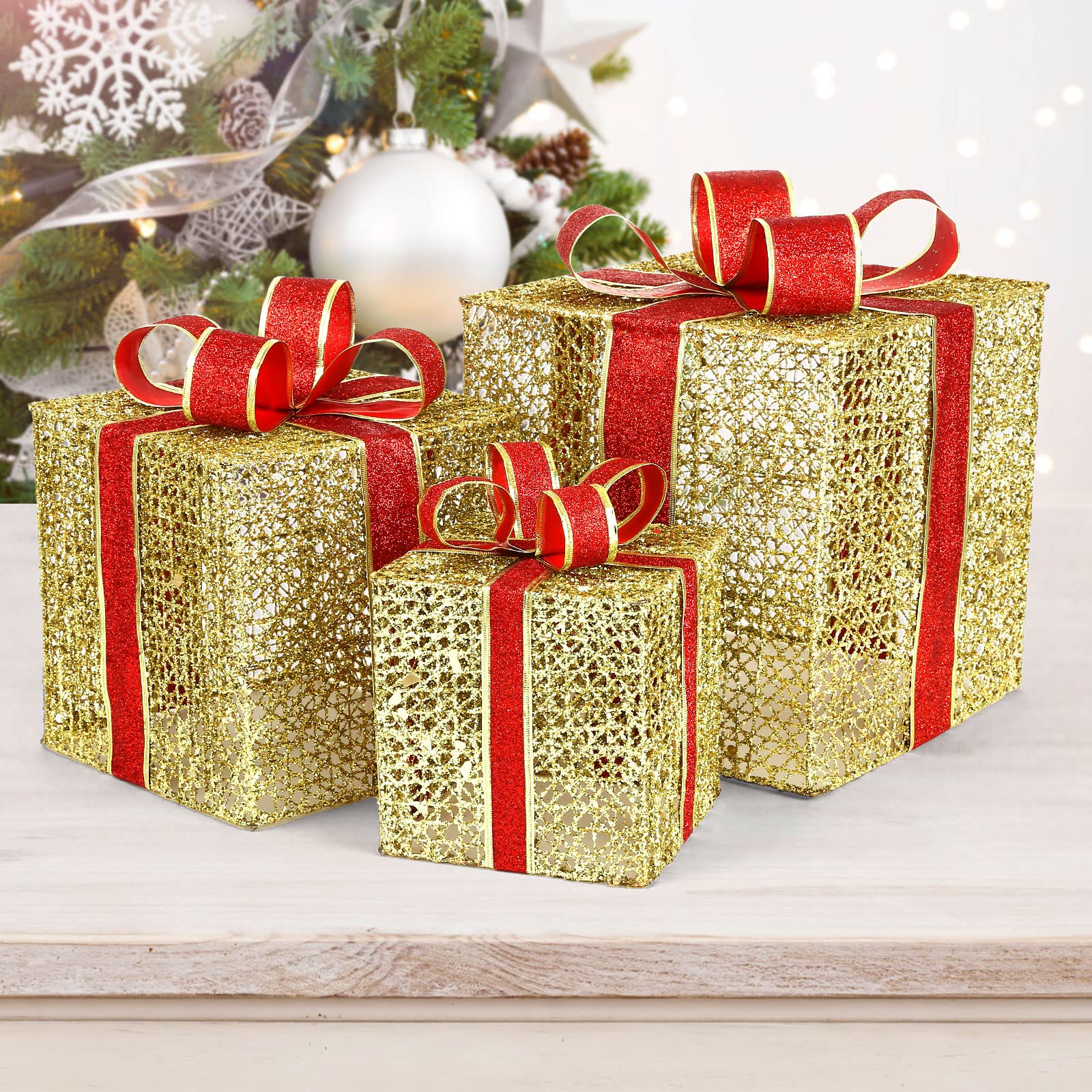 Scatola Regalo Regali Natale GWHOLE Set di 3, Scatole Regalo con Luci a LED Giallo Calde Pacchi Natalizi con Orpelli e Fiocco per Decorazioni Natalizie