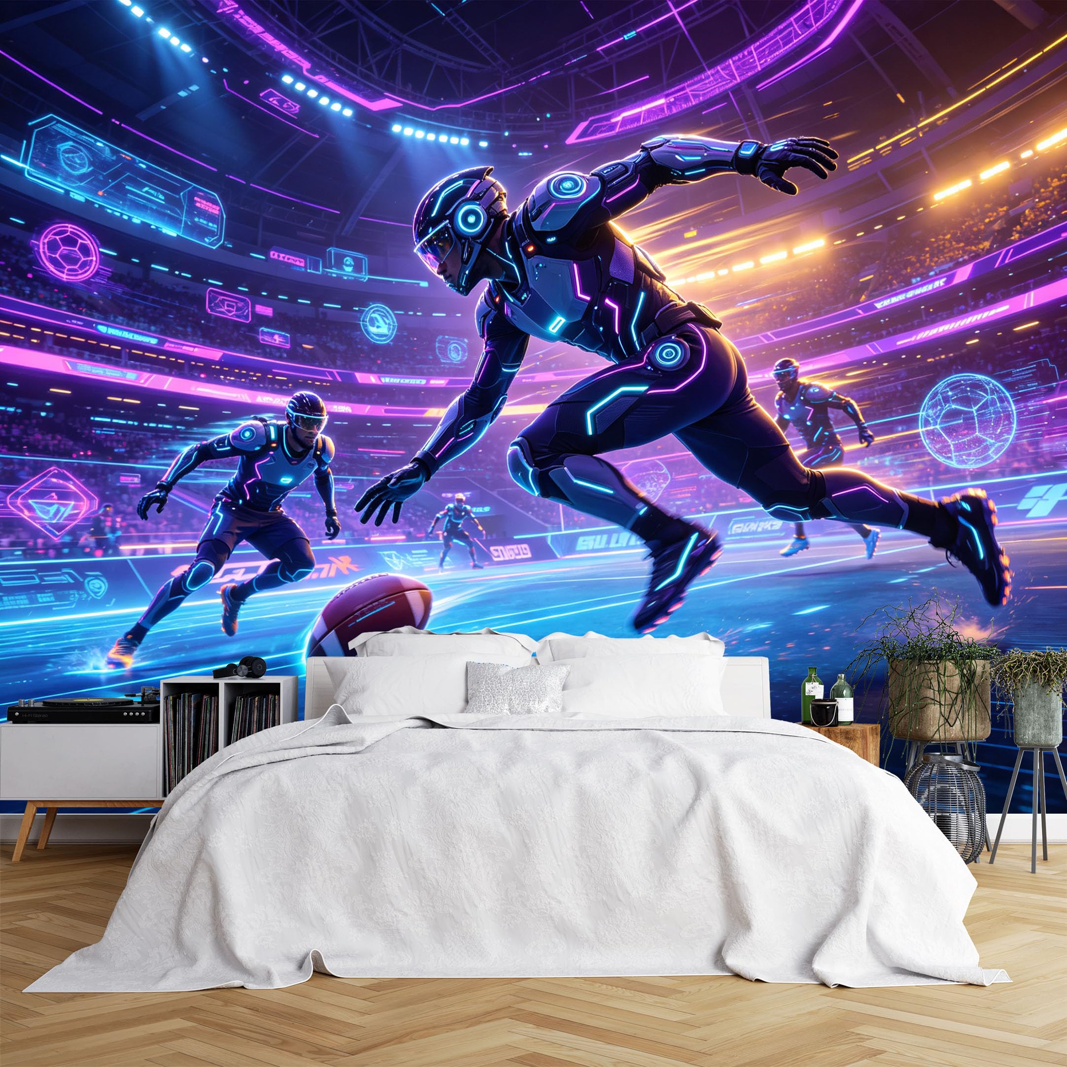 Custom Size Wall Murals Futuristic neon Sports Game with Players Wall Murals sci-fi Sports Wallpaper, Full Wall Self-Adhesive Removable Wallpaper for Gaming Room