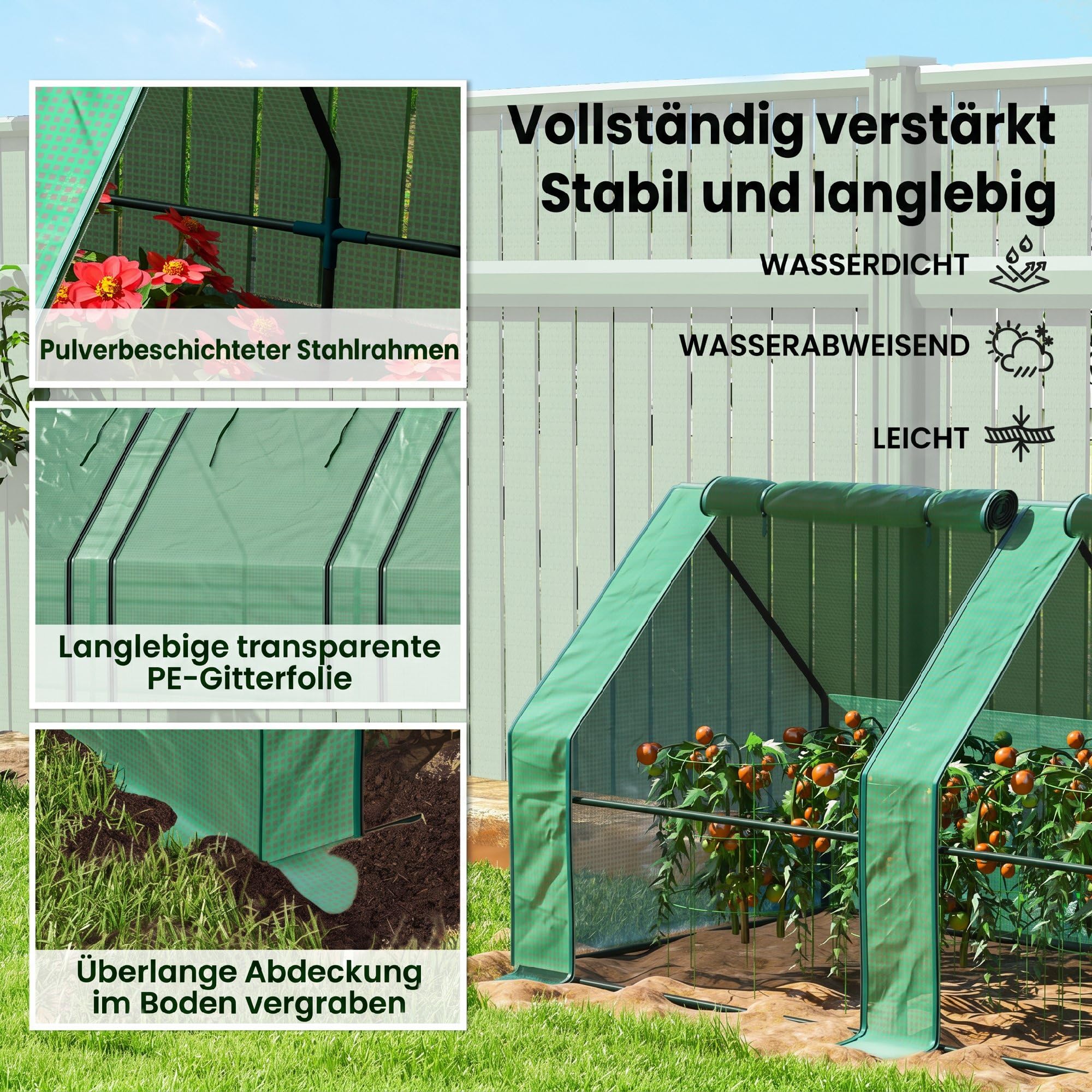 Outsunny Szklarnia z oknem na suwak 360x90x90 cm zielony | Szklarnia foliowa zimoodporna ze stali, na balkon, ogród, do uprawy pomidorów, warzyw, kwiatów