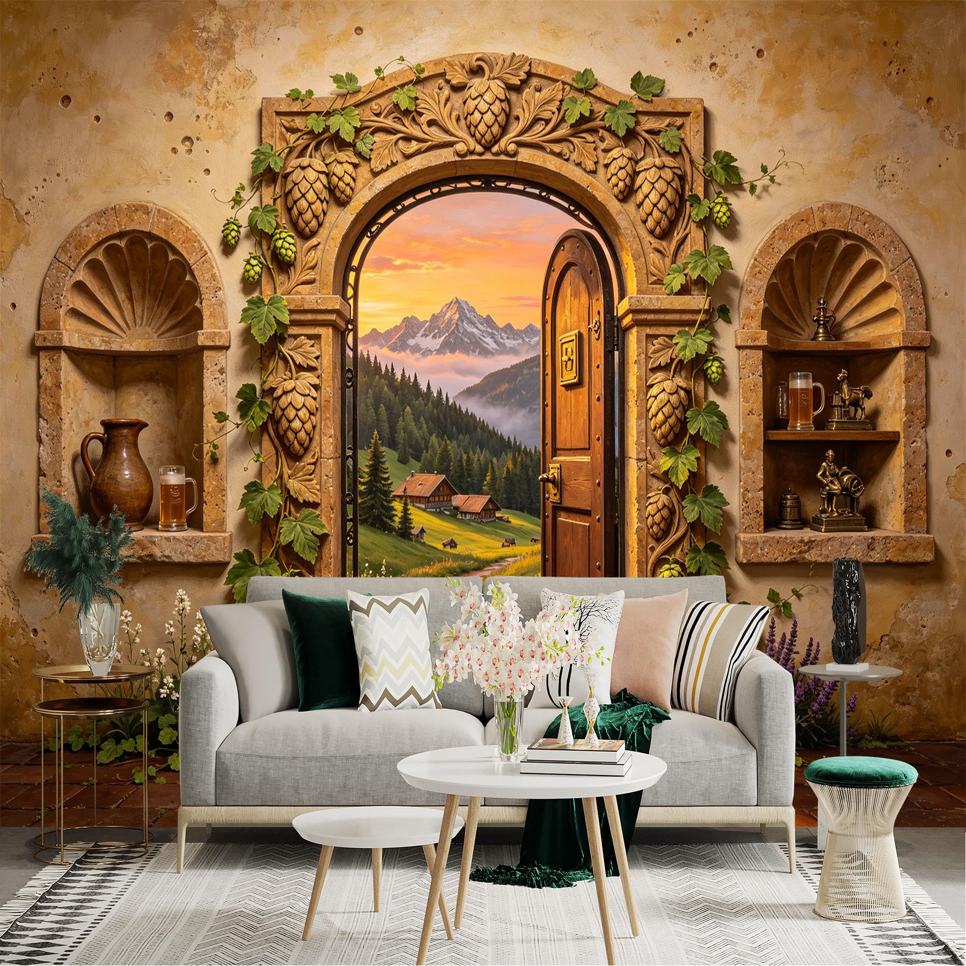 Lnzczhyre Bh260719102 Custom Size Wall Sticker Mural， Rustic Tavern Doorway View， Alpine Meadow Scenery， Mountain Landscape At Sunset， For Wall Decoration， Peelandstick Wall Decals.