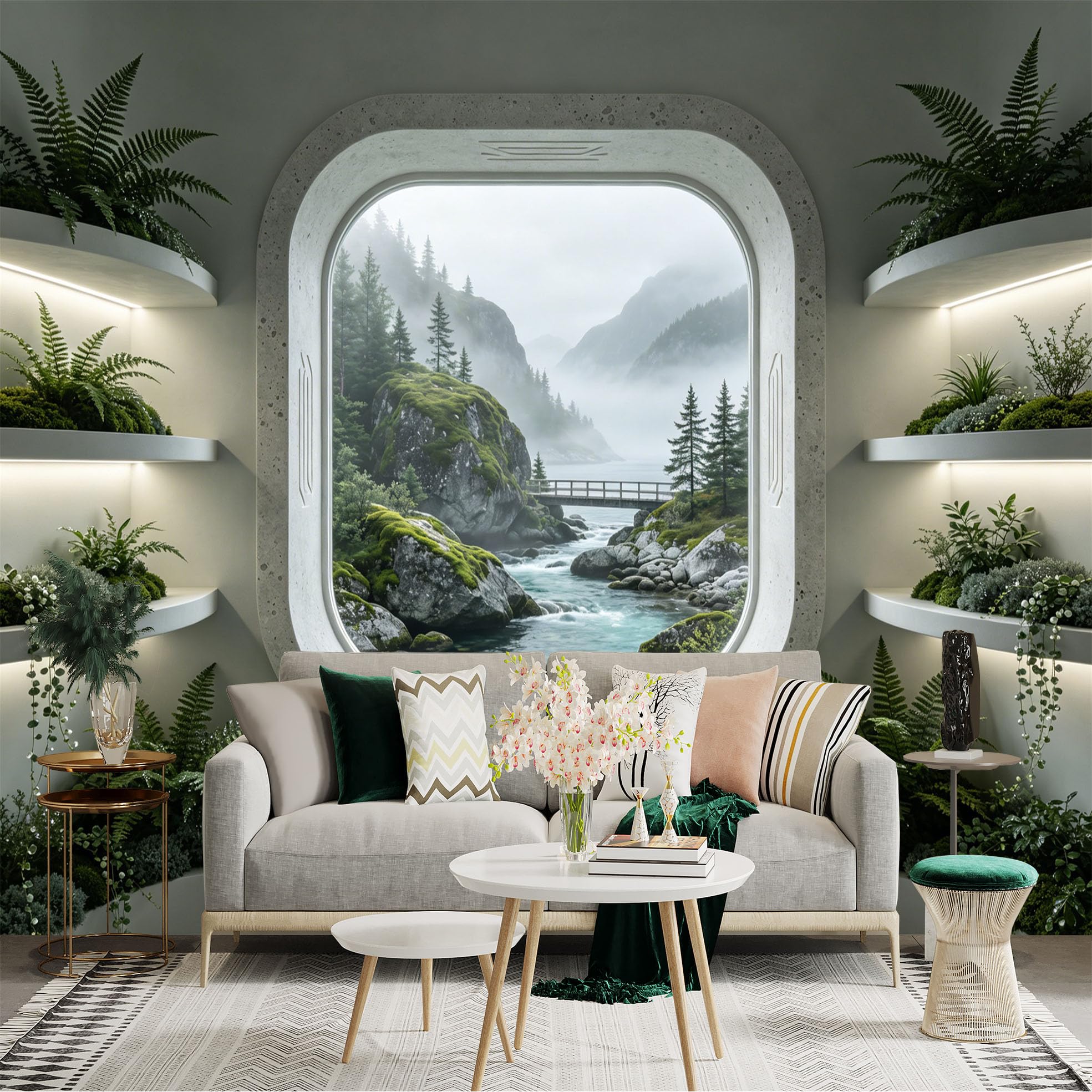 Custom Size Wall Sticker Mural， Scenic River with Rocky Mountains， Bridge and Evergreen Forest， for wall Decoration， peelandstick wall Decals.