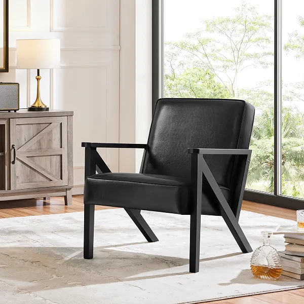 Yaheetech Mid-Century Modern Accent Chair, Lounge Chair, Black | Faux Leather Chair with Flat Arms, Engineered Wood Frame Armchair, for Living Room/Office/Reading/Reception Area