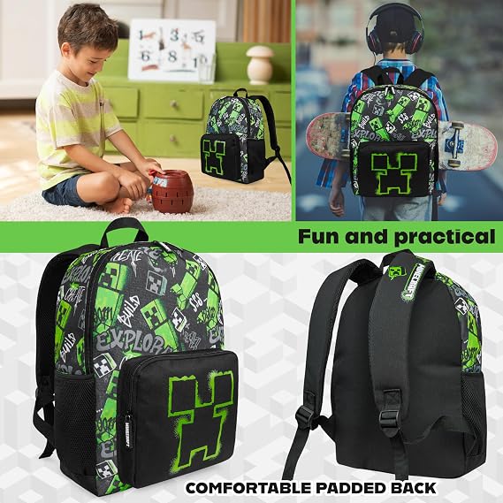 Minecraft Backpacks for Kids Creeper Boy Bag with Zipped Pockets Adjustable Straps Kids Bag for Gaming Travel and School Backpack Boy Gifts (Black, 15.74x11.41x6.69inch)
