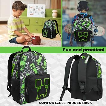 Minecraft Backpacks for Kids Creeper Boy Bag with Zipped Pockets Adjustable Straps Kids Bag for Gaming Travel and School Backpack Boy Gifts (Black, 15.74x11.41x6.69inch)