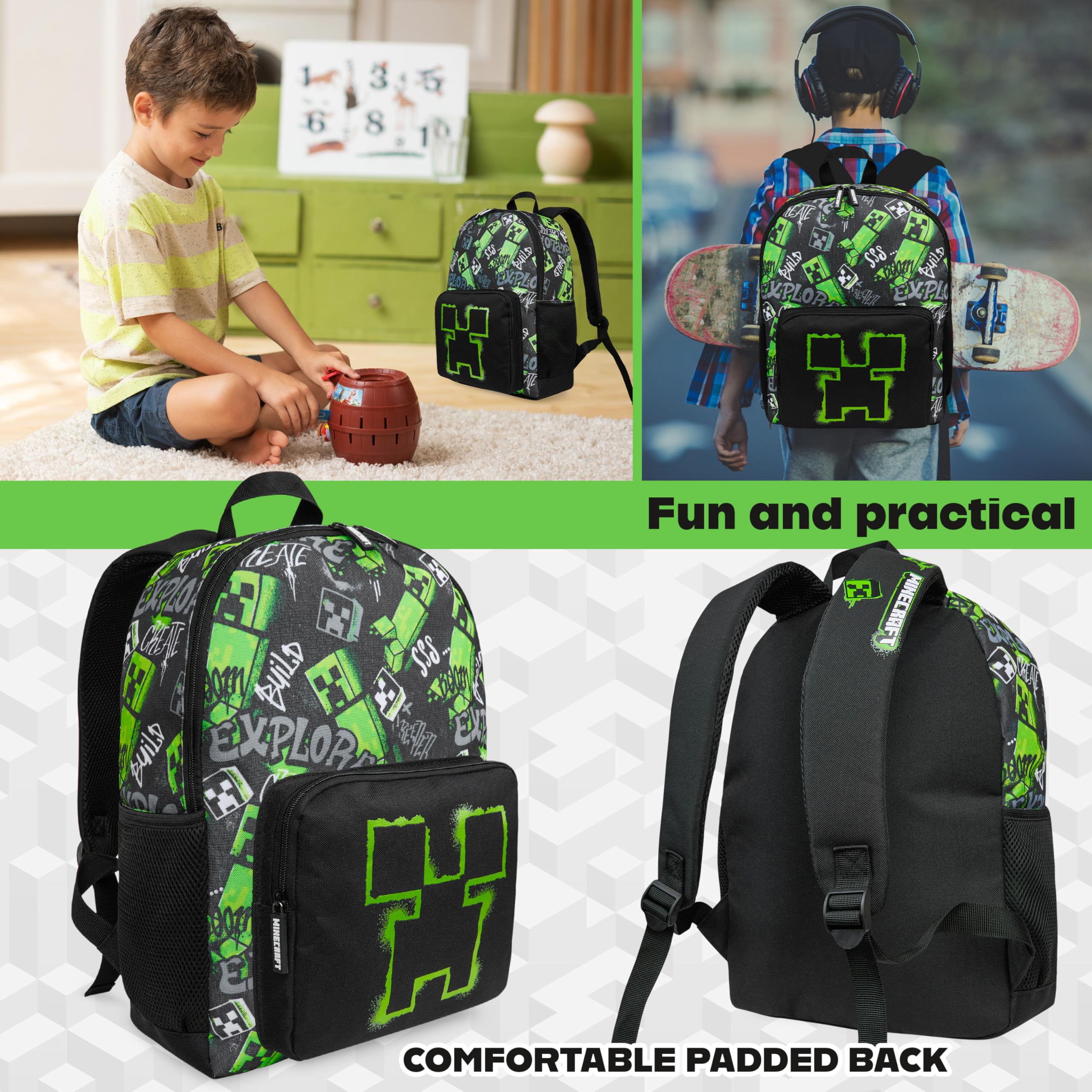 Minecraft Sac a Dos Enfant Creeper Poches Zippées Bretelles Réglables École Sac à Dos Garçon Voyages Sportifs Cadeau Garcon