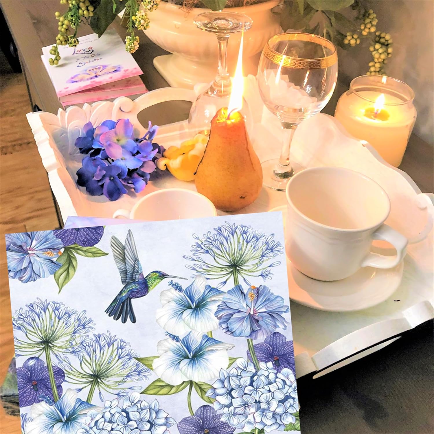 20-ct 6.5 Hummingbird Napkins for Decoupage - Blue Floral Paper Decorative Bird Design - Mother's Day Spring Paper Products