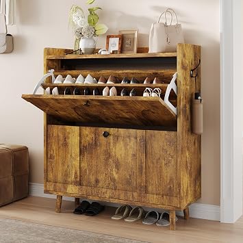 iPormis Farmhouse Shoe Cabinet with 2 Flip Drawers and Side Hooks