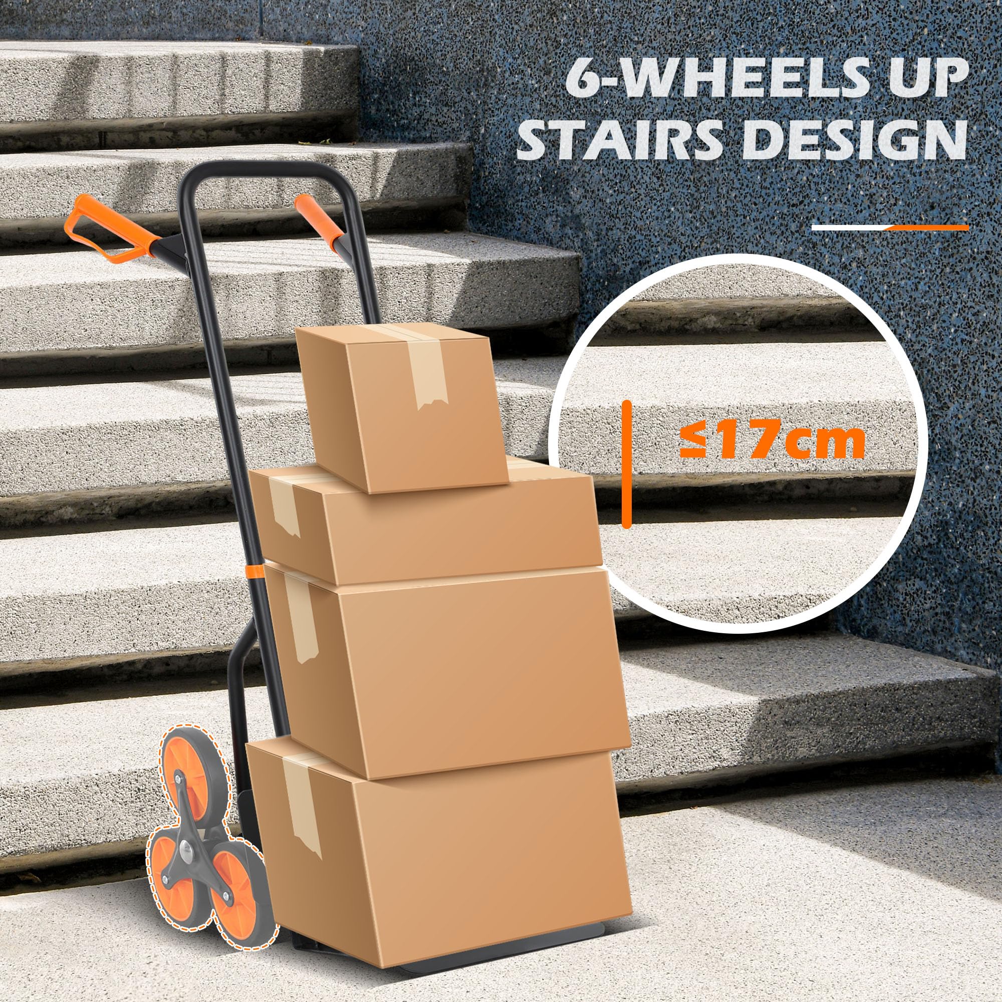 DURHAND Treppensteiger-Handkarre, robuster Faltbarer Rollwagen auf Rädern, Mehrzweck-Sack, Stahlwagen, Umzugskarren, 120 kg, Orange