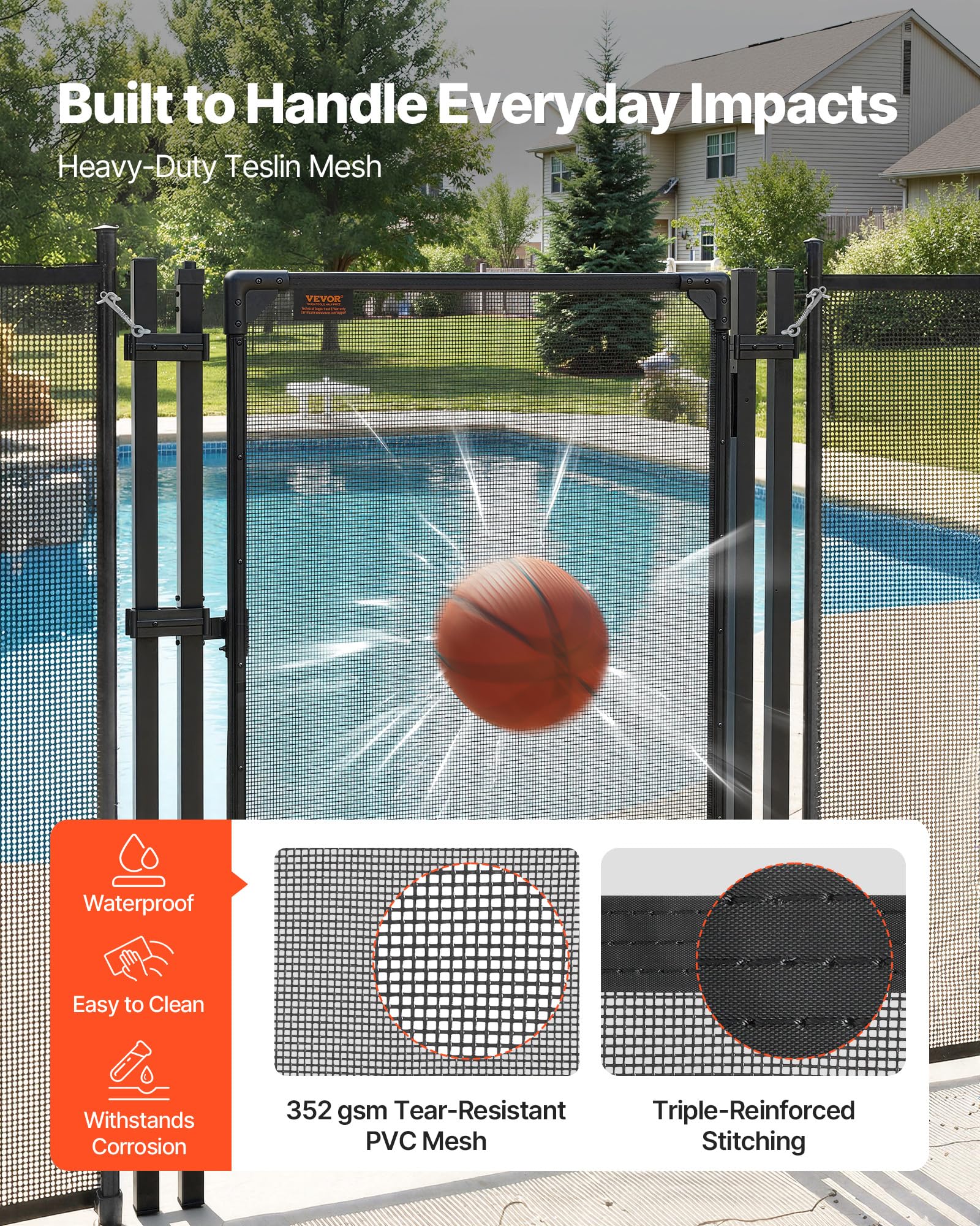 VEVOR Puerta de Seguridad para Piscina 1,2 x 0,75 m, Puerta de Malla Enterrada, Cerradura Automática, con Protectores de Esquinas Redondeados Estacas de Tierra, Multiusos para Jardín Mascota, Negro