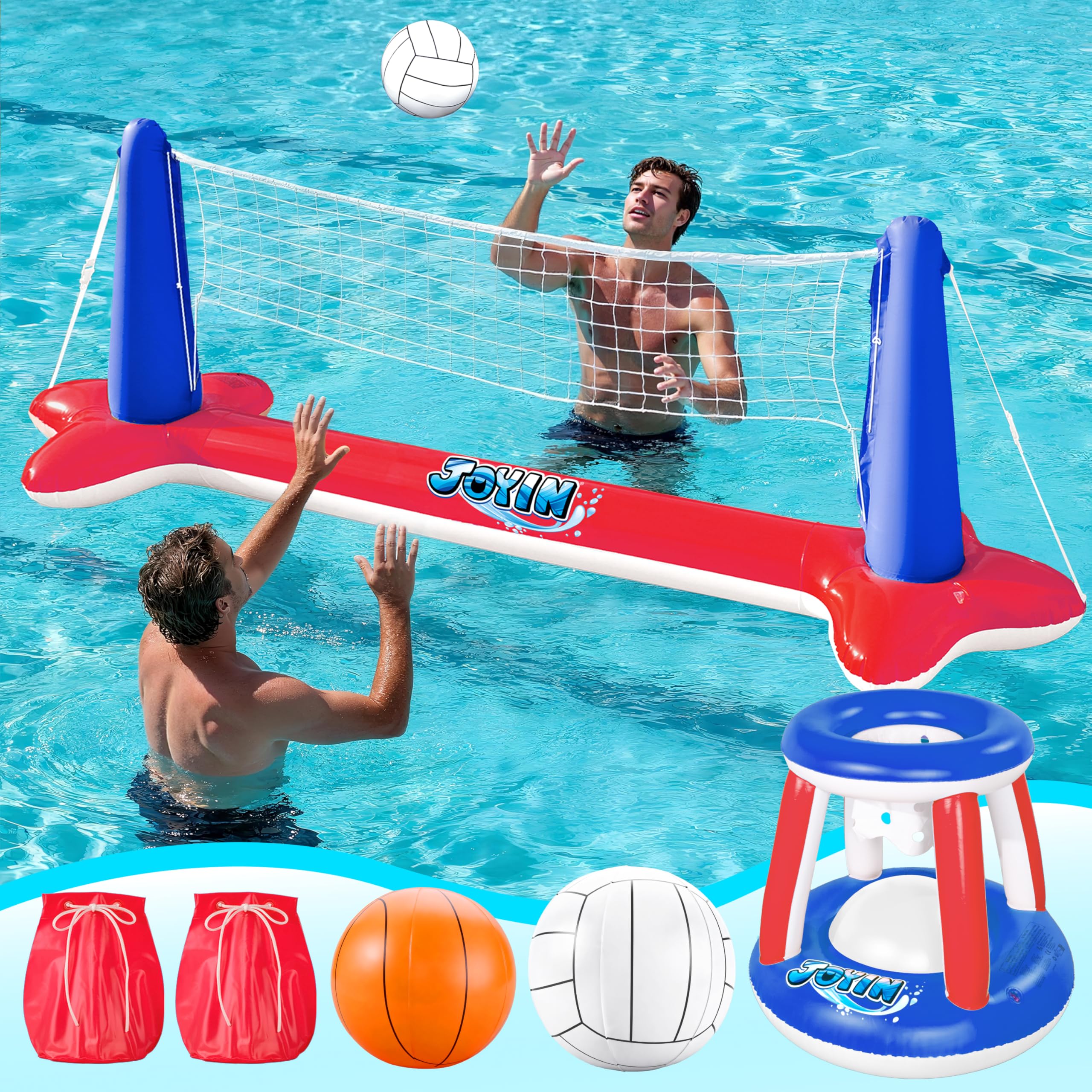 JOYIN Inflatable Pool Float Set Volleyball Net & Basketball Hoops, Balls Included for Kids and Adults Swimming Game Toy, Summer Floaties, Volleyball