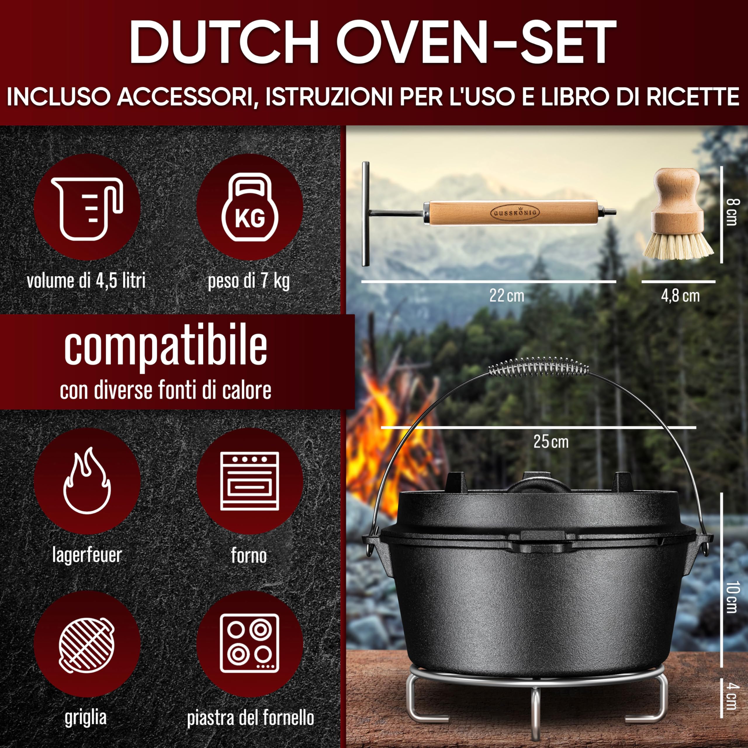 GUSSKÖNIG Set di pentole in ghisa con coperchio-4,5 Litri-senza piedini -Teglia per il pane in ghisa-Incluso sollevatore del coperchio 2in1,spazzola e ricettario per il forno olandese [per1-3 persone]