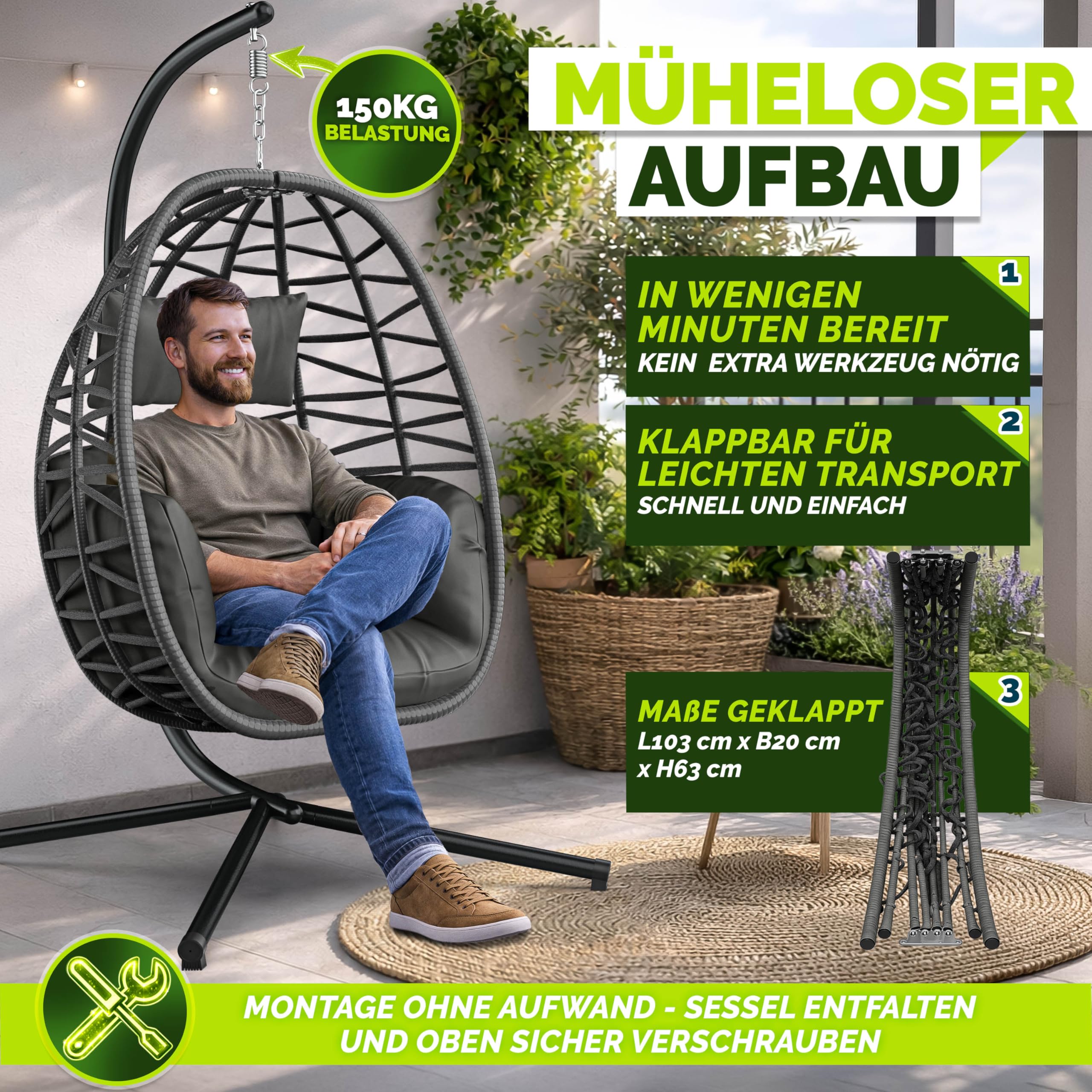 tillvex® Hängesessel mit Gestell Outdoor & wetterfester Abdeckung inkl. Befestigung | Hängekorb klappbar bis 150 kg | Hängesitz aus Rattan | Hängestuhl für Indoor Garten Balkon Terrasse (Anthrazit) - 4