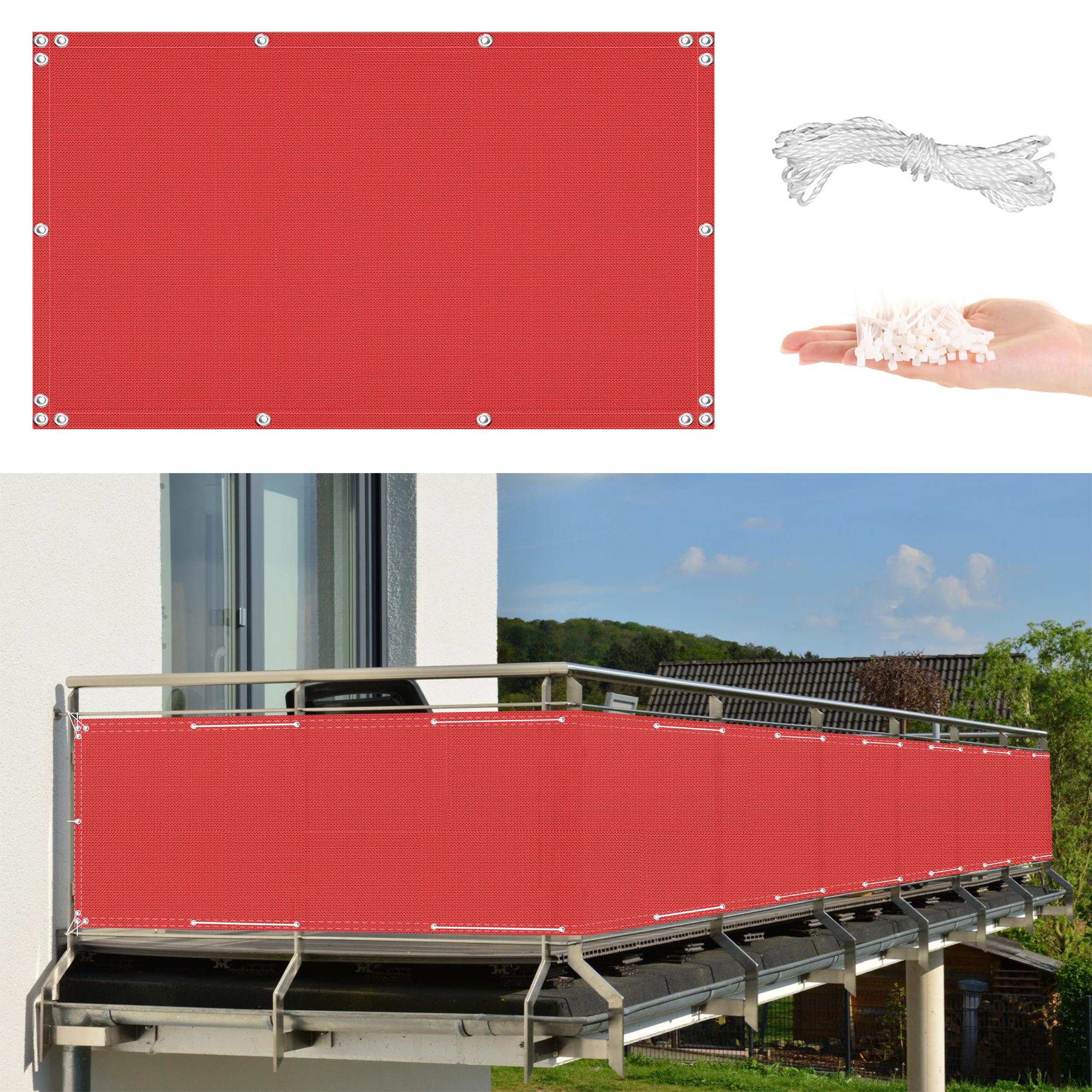 GLDYTVF Weatherproof Balcony Cover 115x900cm, Durable 165g/m² Sunshade Tarp with Grommets, Cords & Ties for Outdoor Garden Balcony, Red Shade Awning