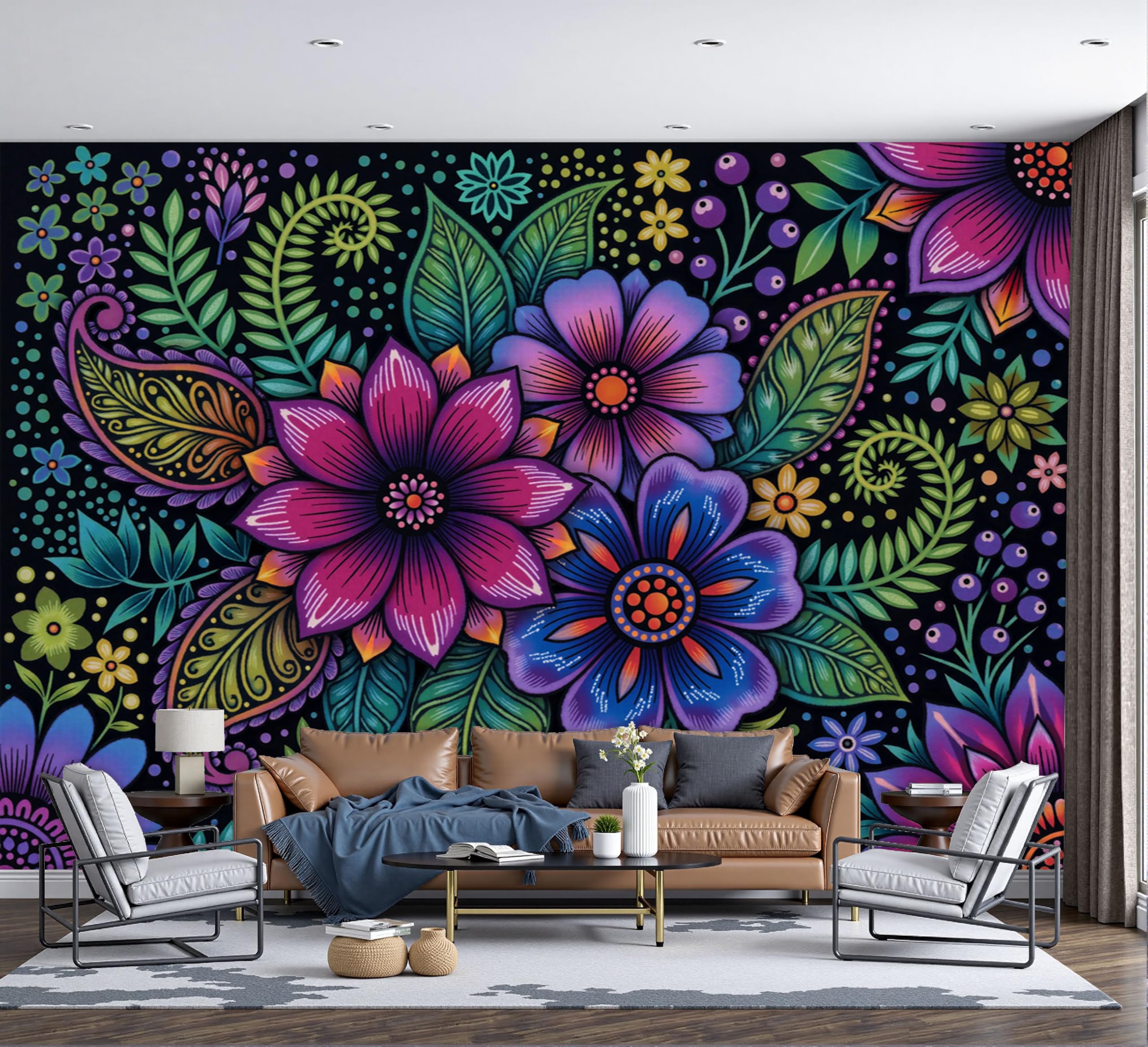 Papier Peint Panoramique Fleurs Cachemire pour masquer les défauts du mur