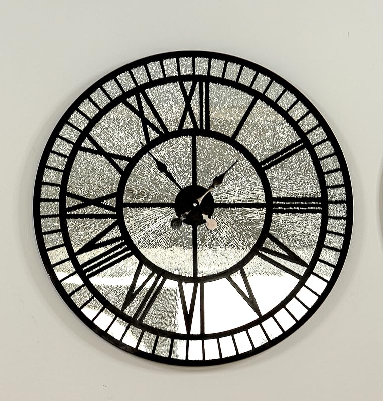 Black Large Mirrored Wall Clock,Diamond Effect Real Mirror