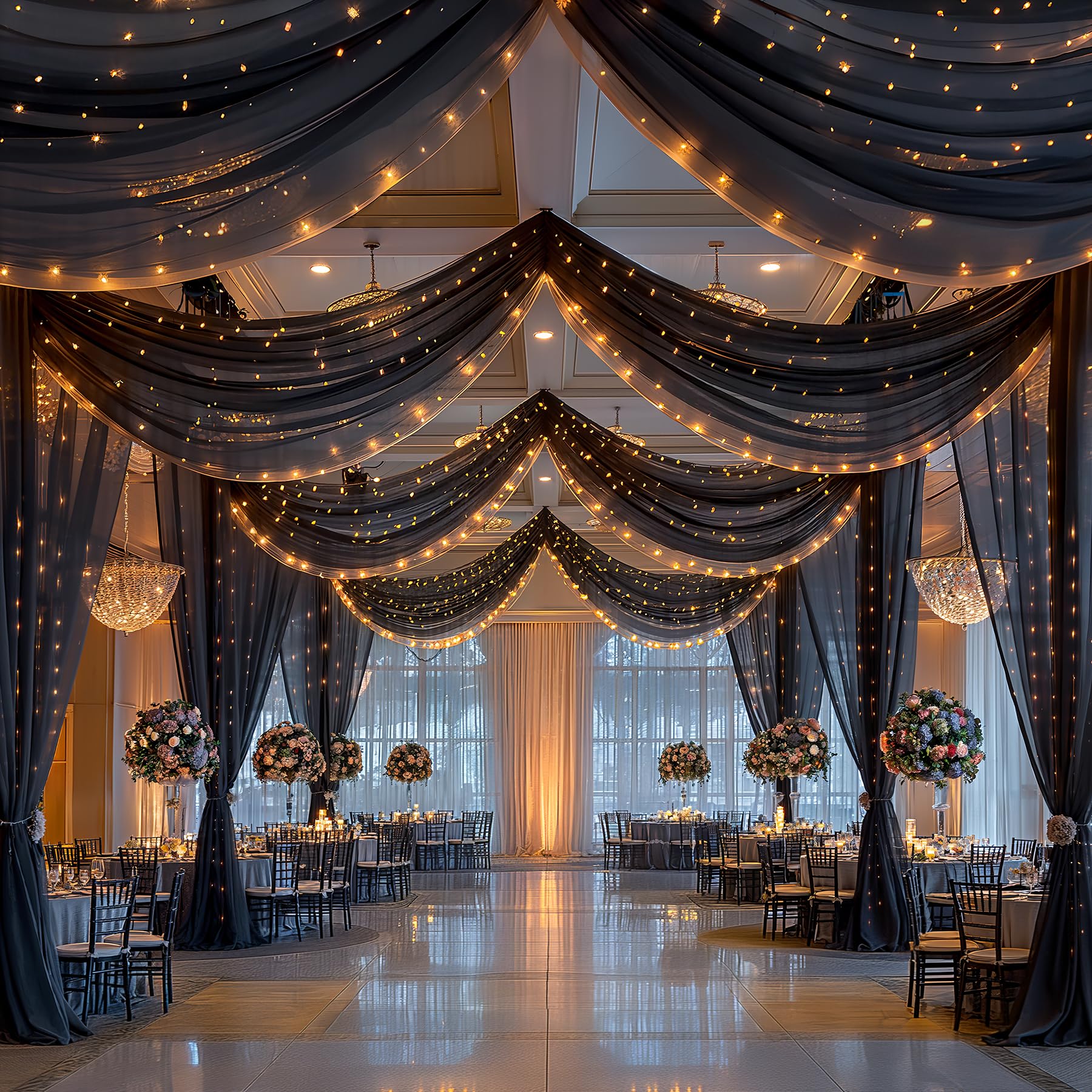 Shillance 12 pannelli, tende da soffitto nere con stringa di luci per tende da soffitto per matrimoni, 1,5 x 9,1 m, tende velate in tulle, decorazioni per casa, feste, cerimonie, palcoscenico