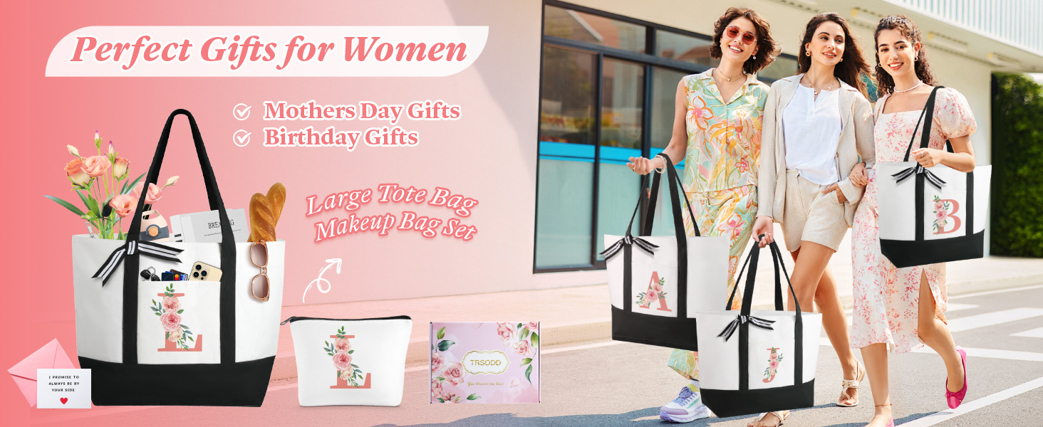 TRSODD Mothers Day Gifts for Mom Monogram Large Tote Bag and Makeup Bag Birthday Gifts for Women Wife Grandma Daughter Sister Friends K