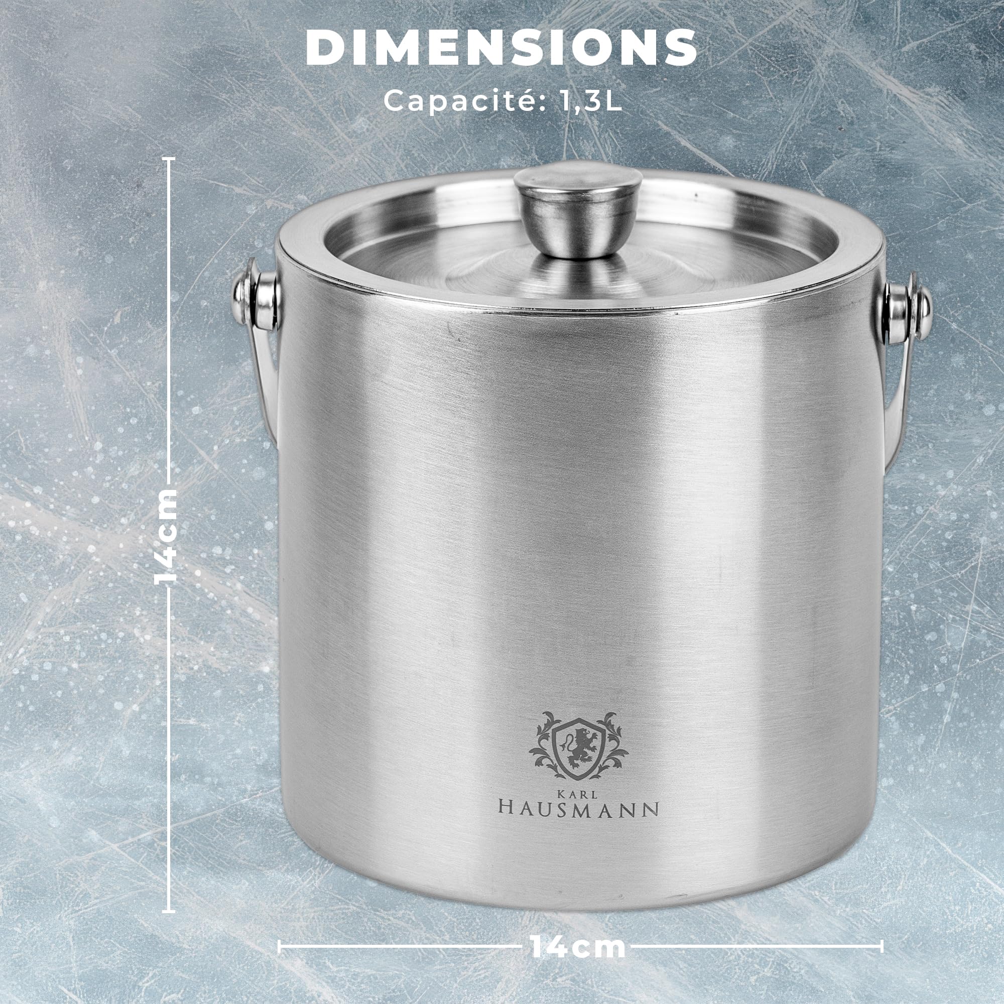 KARL HAUSMANN Seau a Glacon 1,3L avec Couvercle, Pince et Égouttoir - Seau à Glaçons Inox Argent Double Paroi Isotherme, Garde les Glaçons Secs, Idéal Cocktails, Bar, Apéritif