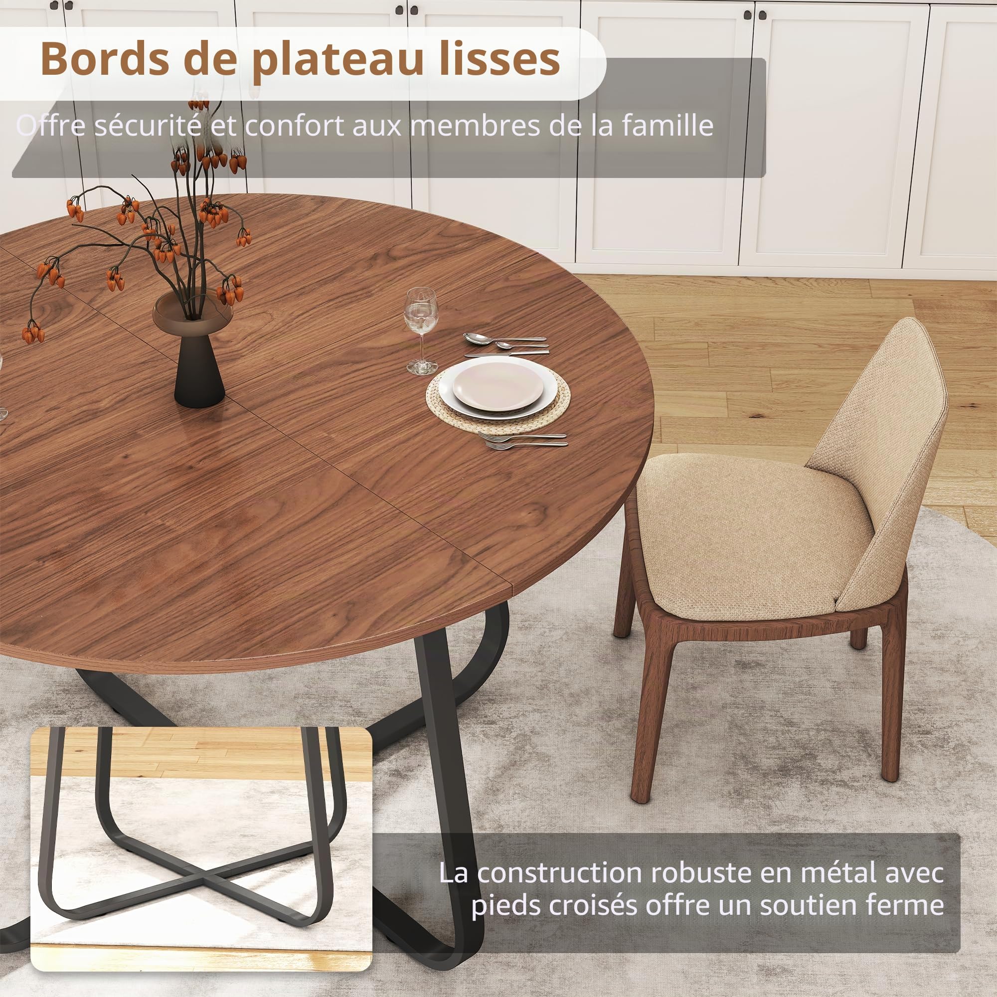 Table de salle à manger ronde 120 cm en bois marron noyer moderne pour cuisine, salon, salle à manger, terrasse, cour, café, bureau et autres endroits