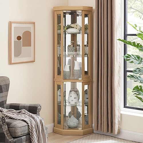 Miniatura 9 de JT Vitrina de cristal con 4 estantes con puerta, fácil de instalar, vidrio templado sólido, estantería Curio de pie para sala de estar, dormitorio,