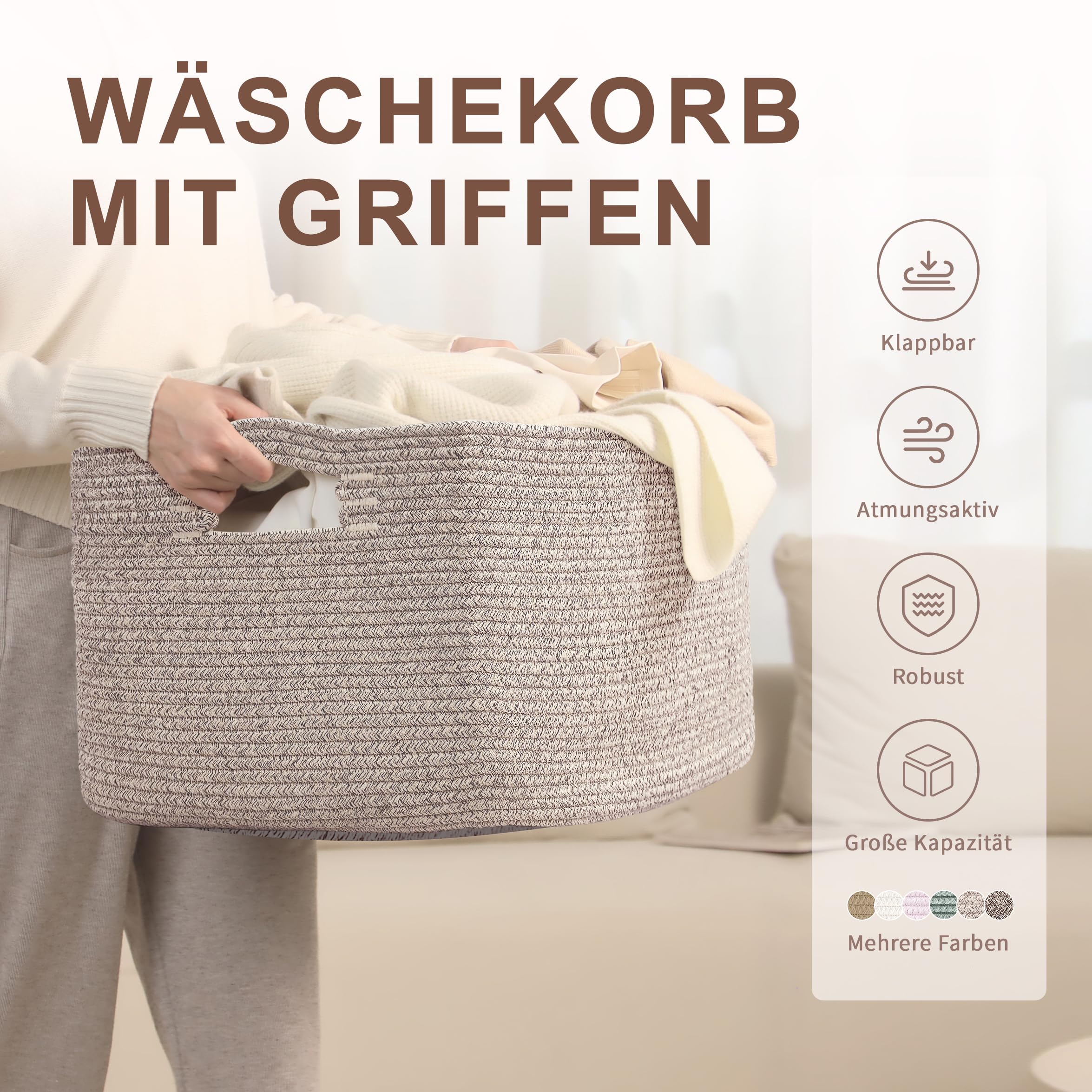72L großer Wäschekorb geflochten mit Henkeln, Hellbraun | Aufbewahrungskorb aus Baumwollseil für Decken, Spielzeug & Kleidung, Stoffkorb für Wohnzimmer, Kinderzimmer, 55×43×30 cm