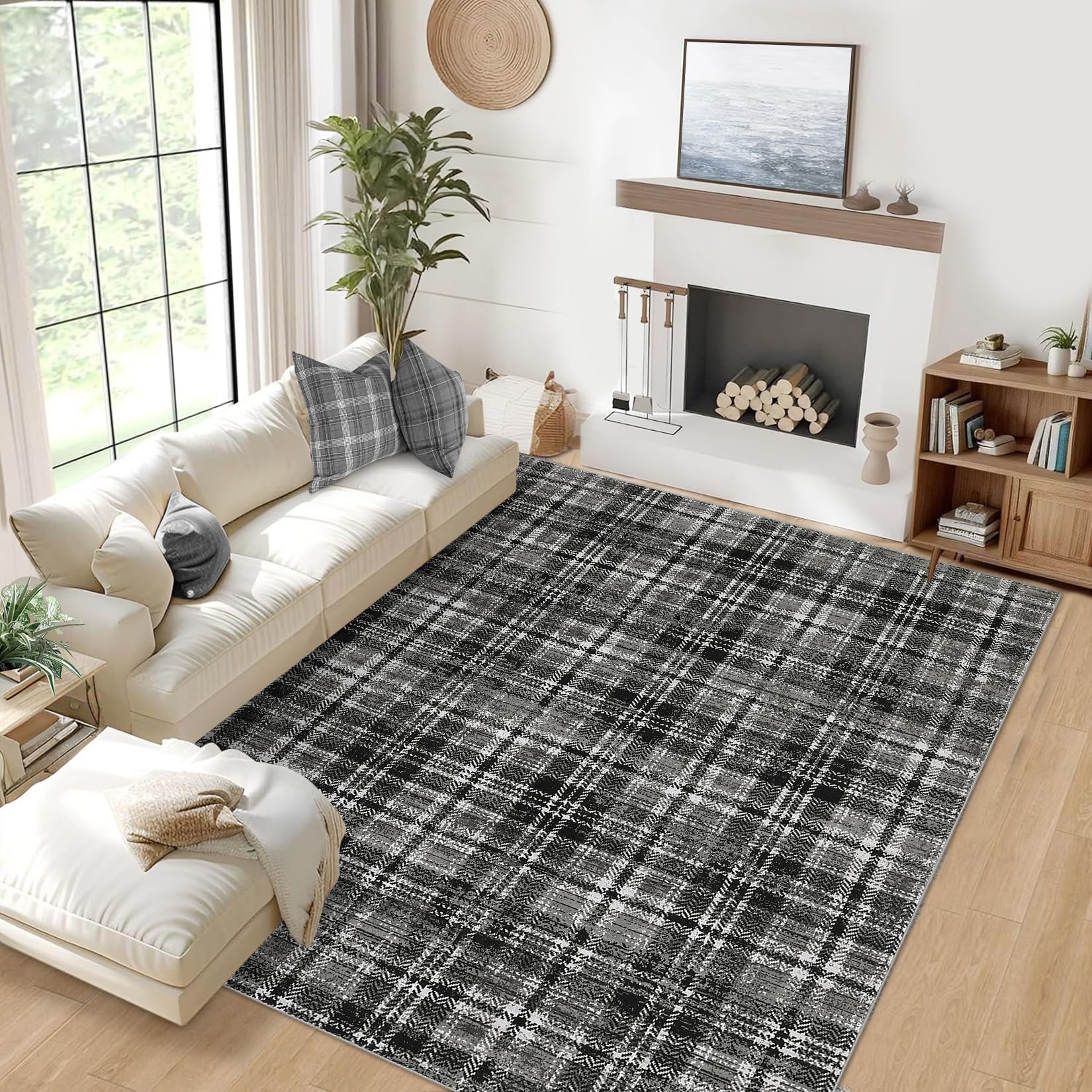 LUXLOOM Washable Area Rug 5x7 Rug for Living Room Non Slip Modern Rug Soft Area Rug for Bedroom Farmhouse Black Plaid Throw Rugs Contemporary Stain Resistant Carpet for Dining Room 5'x7' Black/Grey