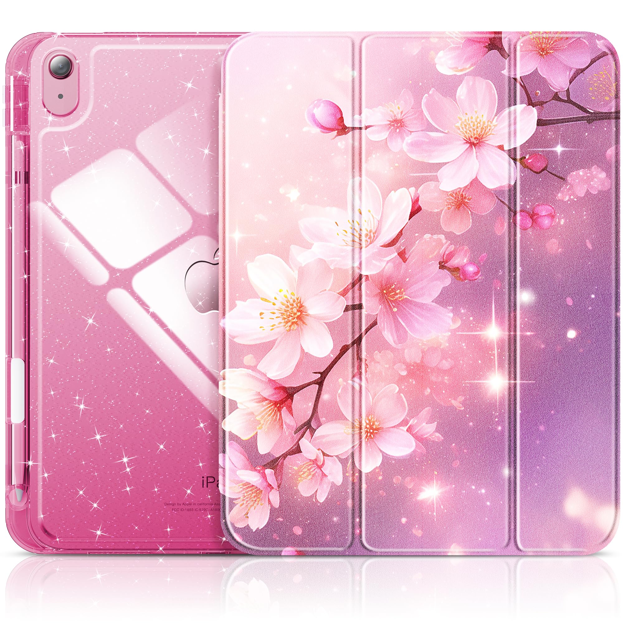 INFILAND Compatible with iPad A16 11th Generation 11 Inch 2025 Case, iPad Case 10th Generation 10.9 Inch, Glitter Cover with Sparkly Clear Back, Pencil Holder, for Kids Girls (Blossom Pink Glow)