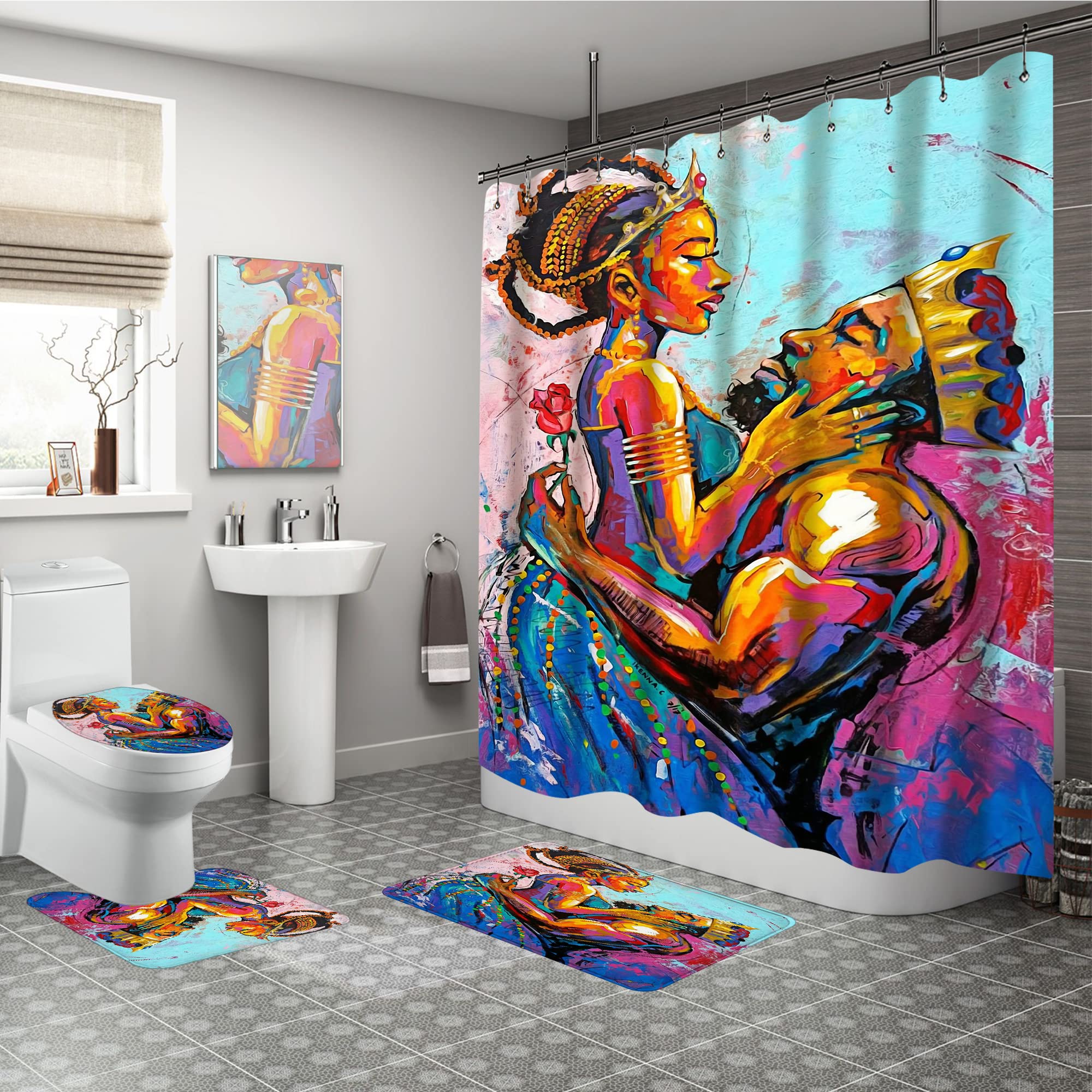 YAZIMAO 4 Pcs Sets King African American Lovers Couple Colorful Painting Shower Curtain with Non-Slip Rugs, Toilet Lid Cover and Bath Mat,Durable Waterproof Shower Curtain