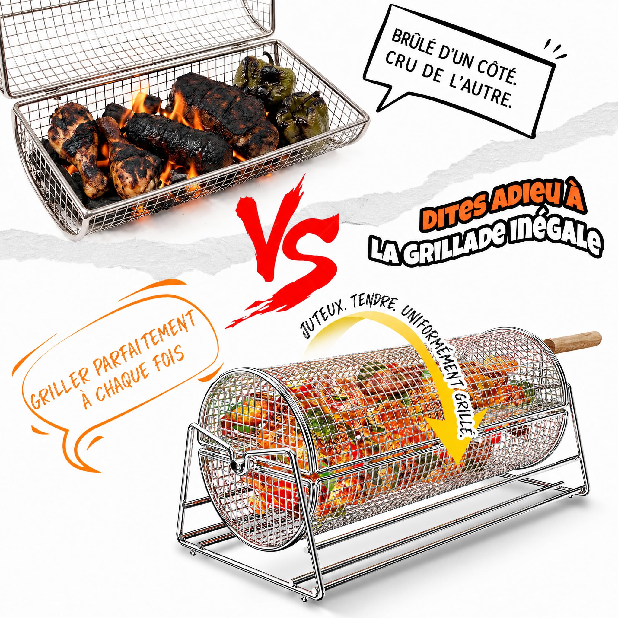 2-en-1 Panier à Barbecue Roulant Rotatif, Inoxydable 304 avec Poignées Détachables Doubles Manivelle et Droite, Accessoires BBQ pour Légumes Crevettes, Cadeau Idée Homme Papa Mari Anniversaire