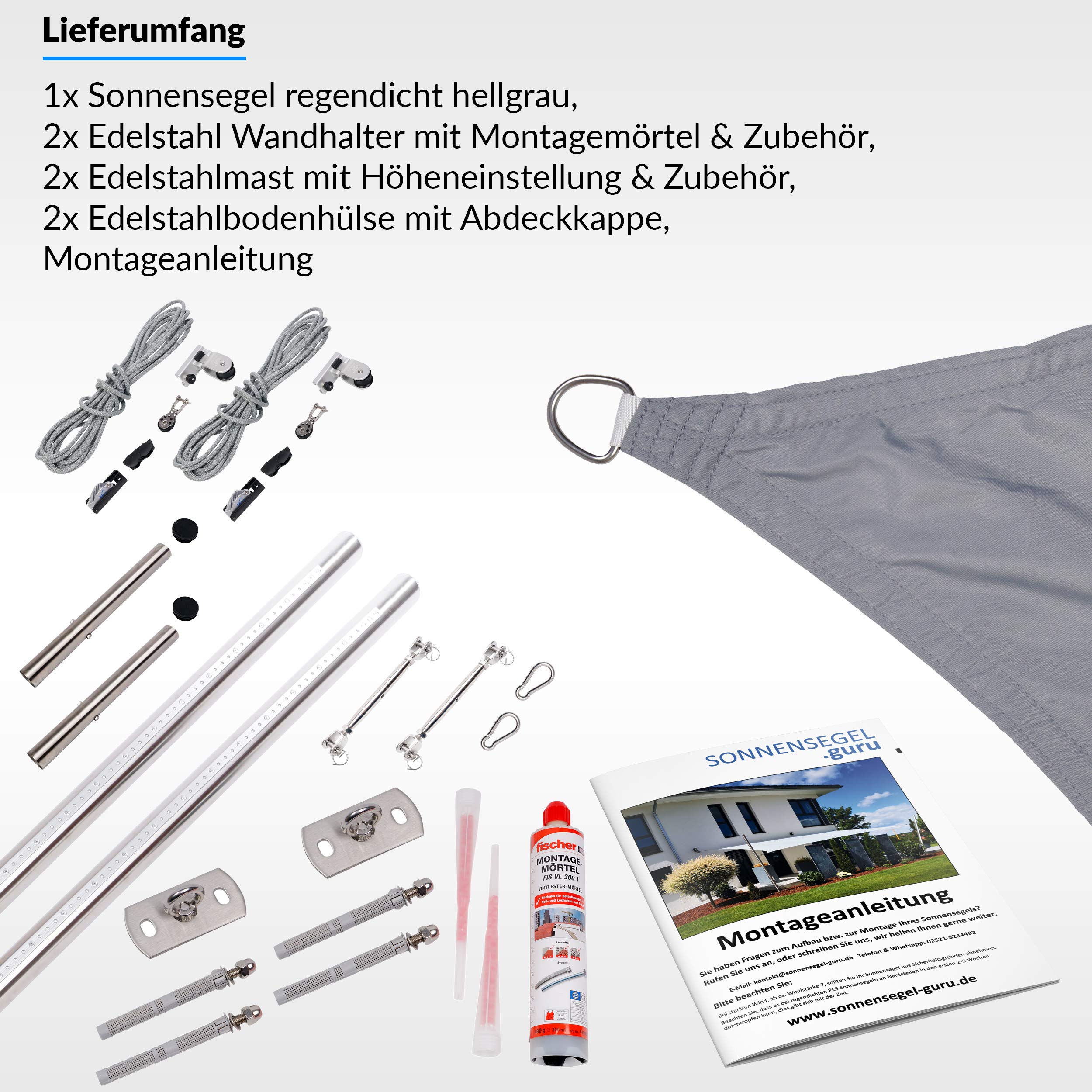 Toldoro Sonnensegel Komplettset Rechteck PES 2 Wandhalter / 2 Höhenverstellbare Edelstahlmasten Ø70x3mm 5x4m hellgrau