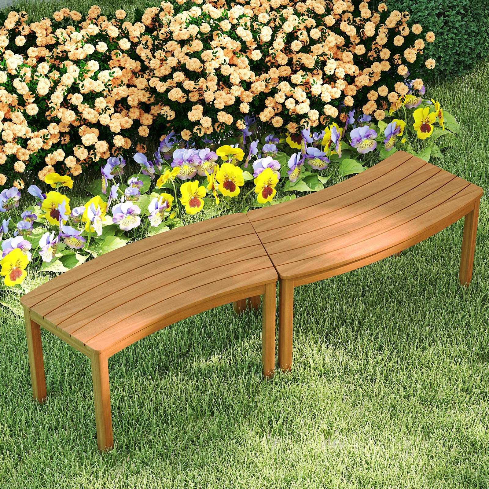 COSTWAY Gartenbank Holz Wetterfest 2er Set, Sitzbank ohne Rückenlehne, Gebogene Holzbank, Parkbank aus Akazienholz, Bank für Garten, Balkon, Terrasse (Natur)