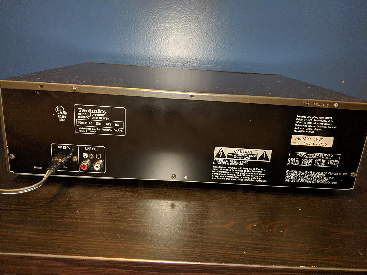 Rear panel of Technics SL-PD887 CD Player showing connection ports