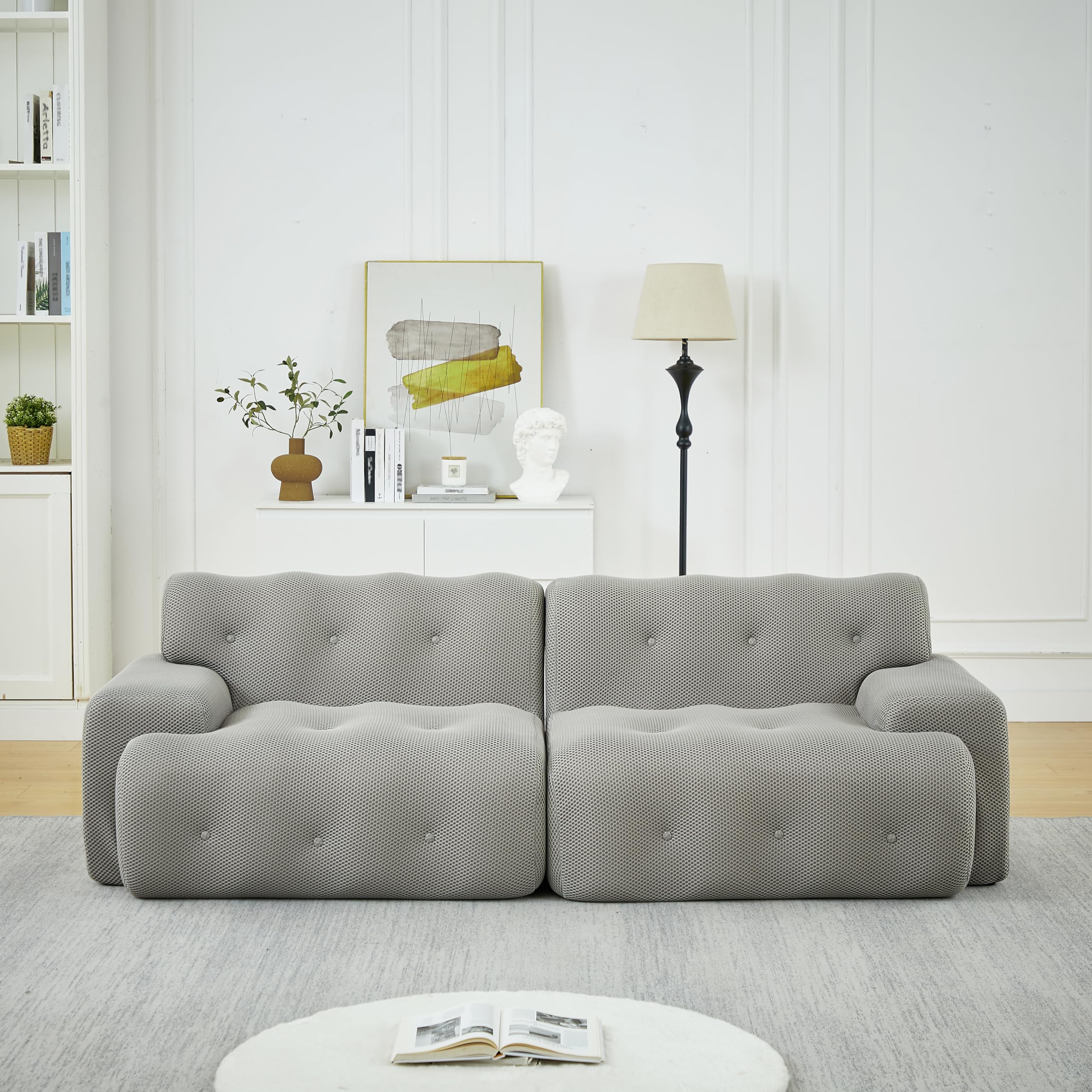 Cloud Sofa 2-osobowa, bardzo duża – modułowa sofa bez boneless z ornamentem na guziki, szerokie podłokietniki, łukowata, bez montażu, dzianina 3D, do salonu, szara