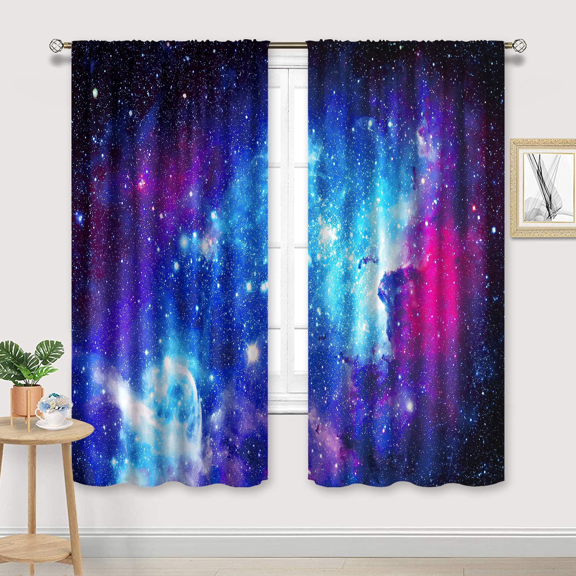Riyidecor WW-CLLE – WW-CLLE – Lot de 2 panneaux de rideaux 106,7 x 182,9 cm – motif imprimé galaxie, espace extra-atmosphérique, planète, planète, noir étoilé – avec passe-tringle – pour fenêtre de