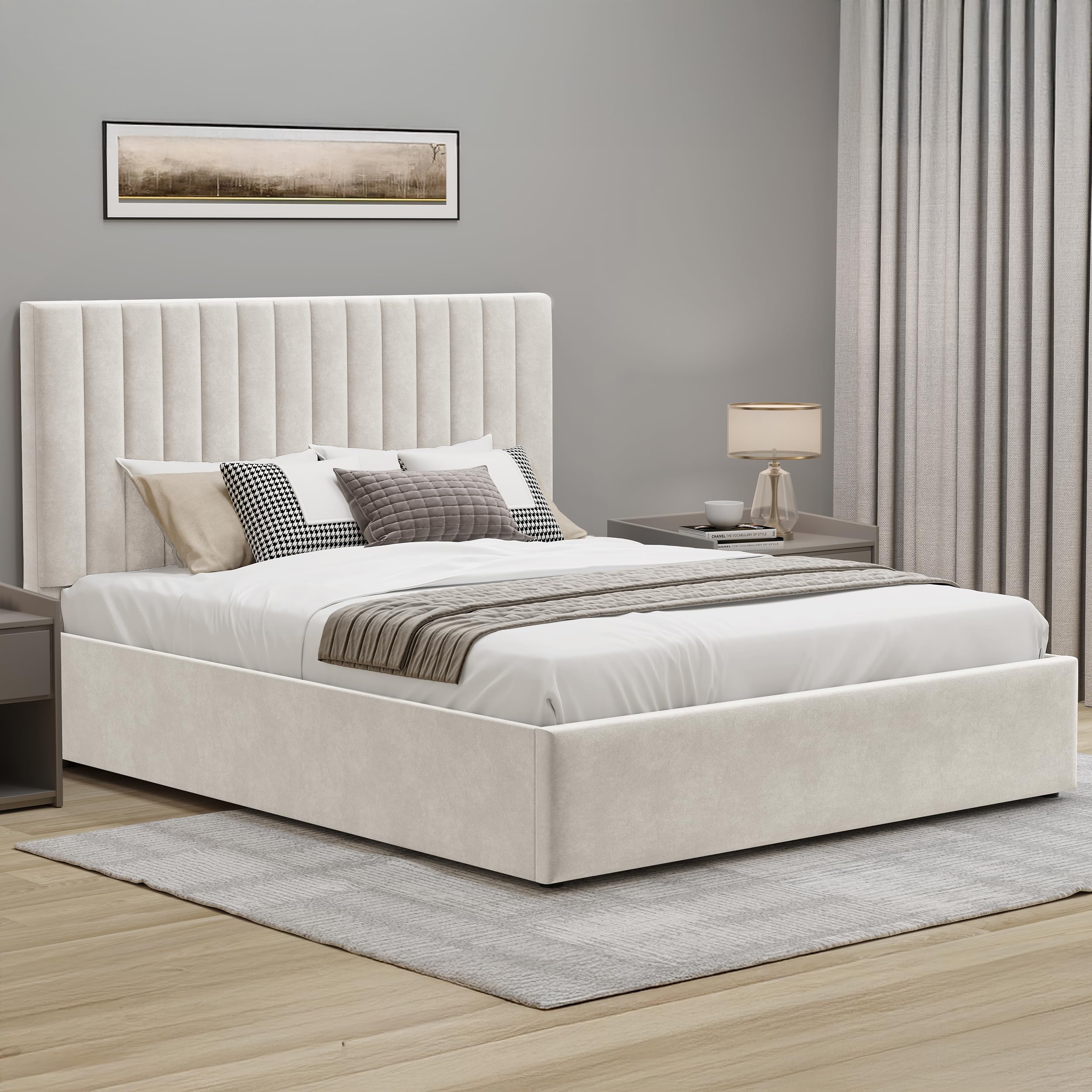 Blisswood Ottoman Storage Bed Frame, 3ft Single Bed Frames, Upholstered Ottoman Bed Frame, Wooden Slats Stylish And Space Saving Bed Frame, Velvet Fabric Storage Bed (3ft Beige, No Mattress)