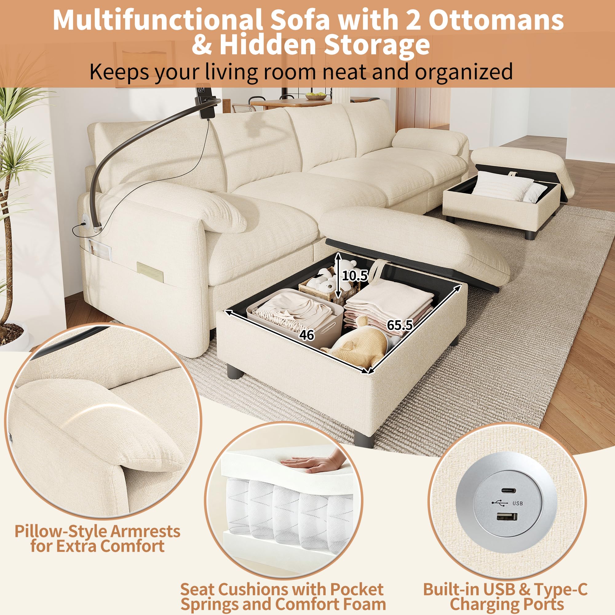 Sofá modular de 6 plazas en U con dos pufs contenedores, sofá de esquina en U con puerto de recarga USB y puerto para celular, sofá modular en L, sofá transformable, sofás modulares de 6 plazas